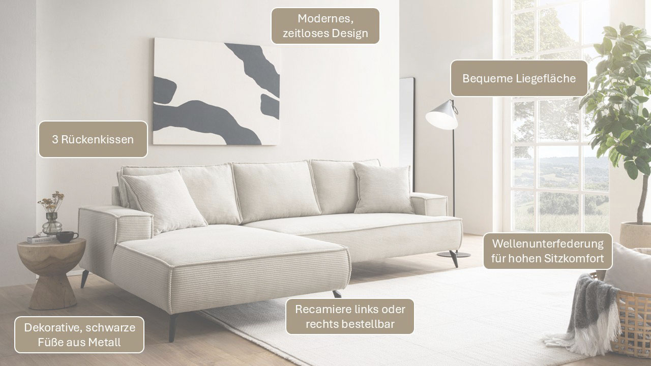 Thumbnail - Home affaire Ecksofa "TVINNU, L-Form, 275cm, in Cord und Leinenoptik" wahlweise Recamiere rechts/links, schwarze Füße, b...