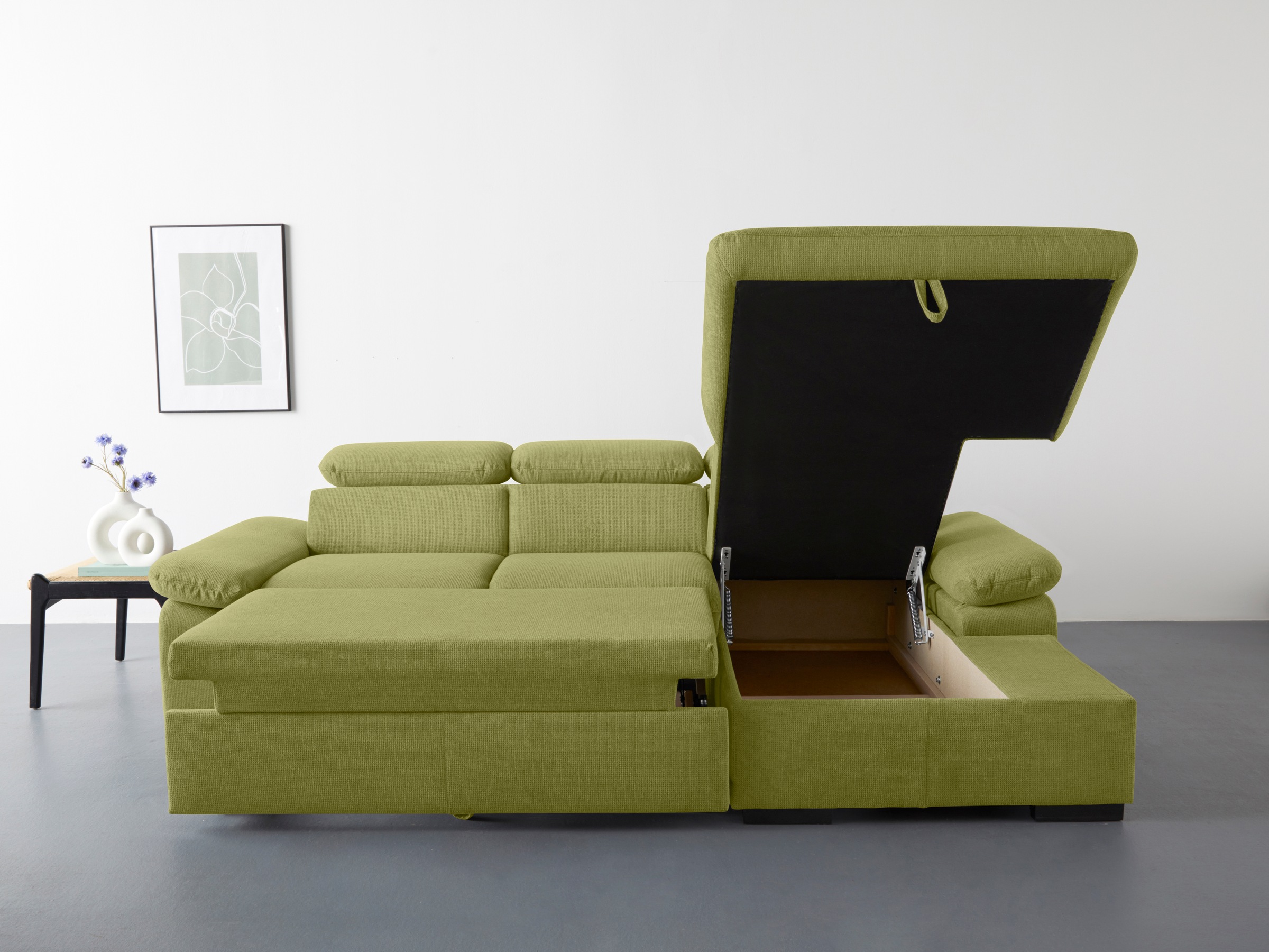 COTTA Ecksofa »Lola L-Form mit Kopfteilfunktion & Hocker«, (Set, mit Hocker), wahlweise mit Bettfunktion, Bettkasten & Armteilverstellung