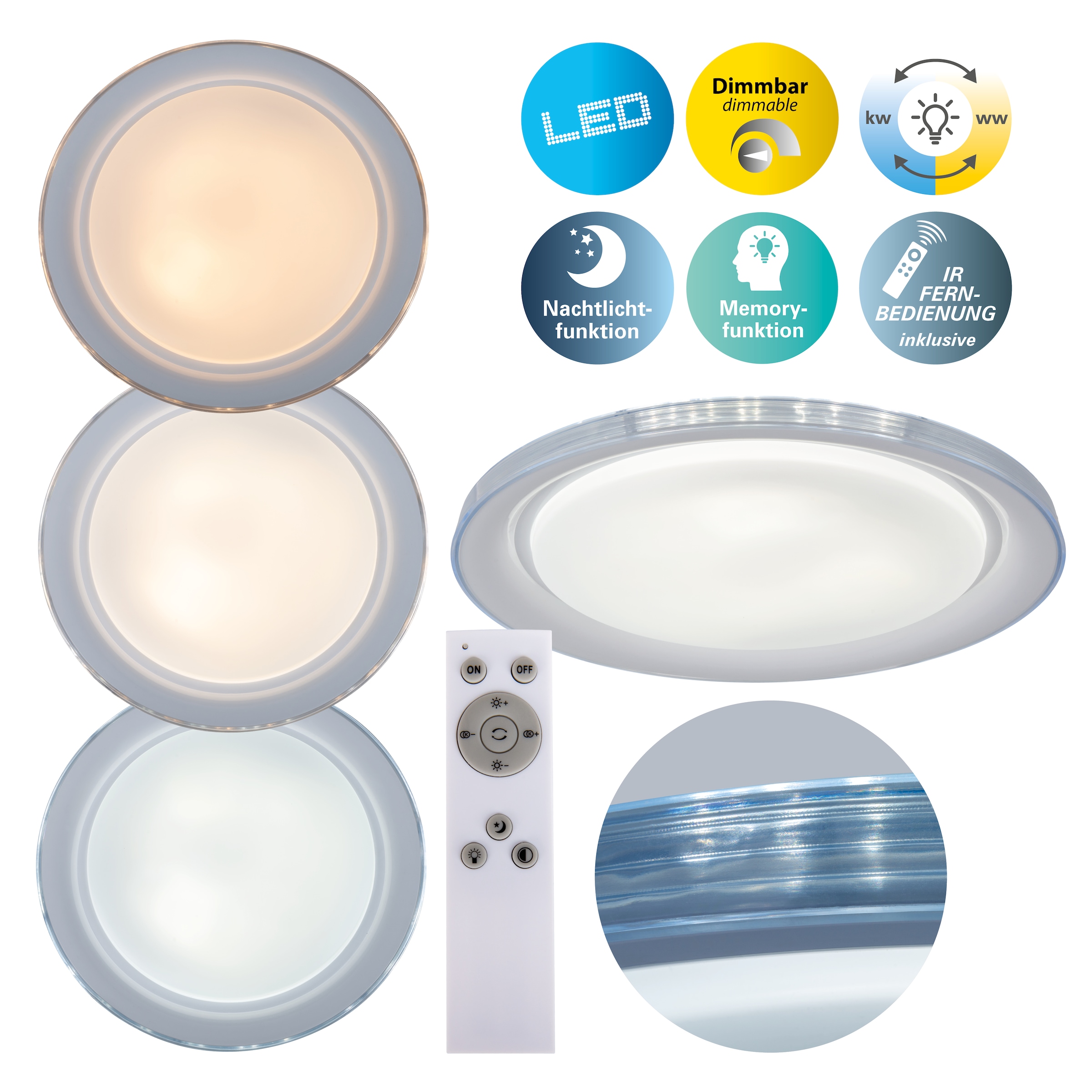 NÄVE LED Deckenleuchte "Claire", weiß, 1, Ø 50,5cm H: 7,5cm, 1 Stk., Leuchten, CCT, Memory, Nachtlicht, dimmbar per Infrarot-Fernbedienung inkl., LED Deckenleuchte
