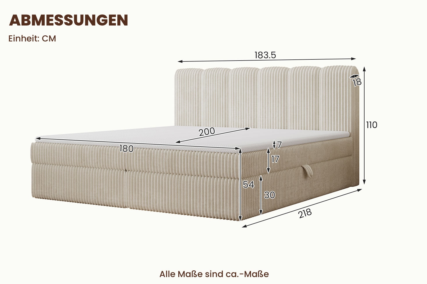 OTTO home Boxbett »SIVVA in der Breite 180cm, flauschiger Breitcord, Farbe: cream« inkl. Taschenfederkernmatratze (H3) & Topper (4cm)