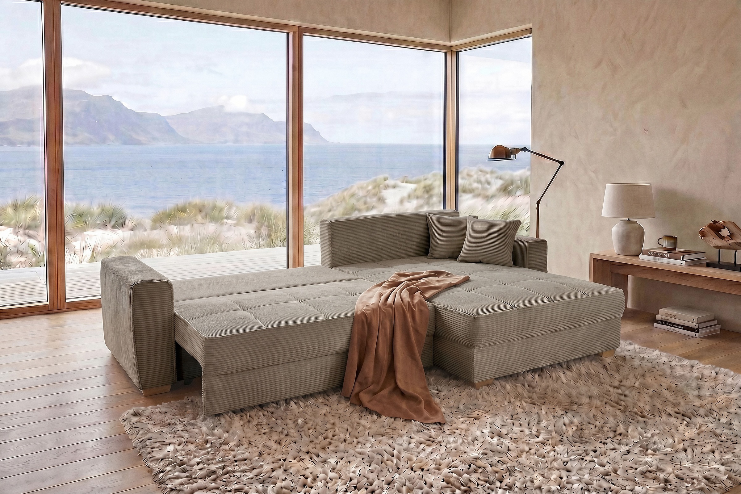 Jockenhöfer Gruppe Ecksofa »Bologna, L-Form, Breite: 298 cm, Cord-Bezug, beidseitig montierbar« mit Bettfunktion, Bettkasten&Zierkissen, Wellenfederung, XXL-Ottomane