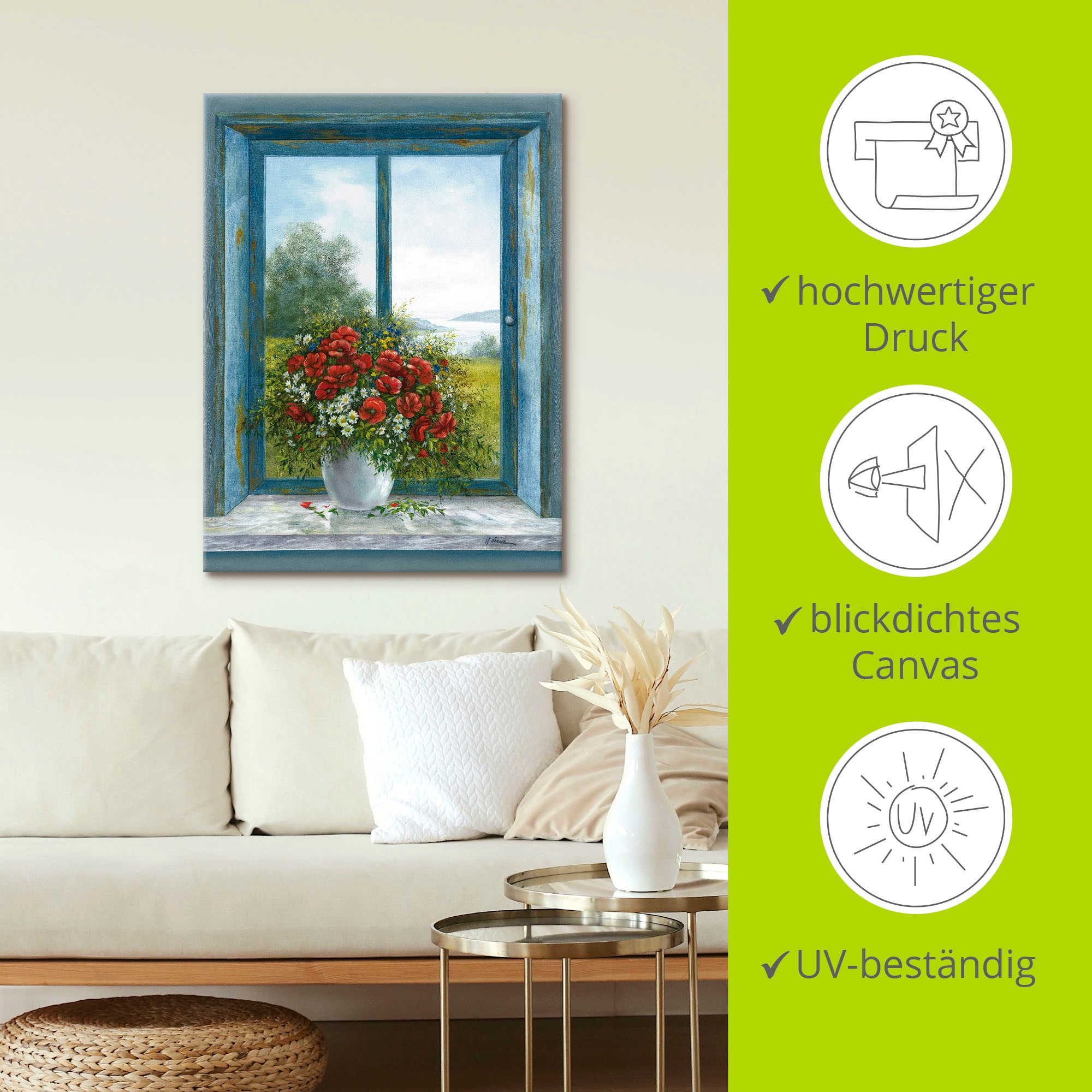 Artland Wandbild »Mohnblumen am Fenster«, Arrangements, (1 St.), als Leinwandbild, Wandaufkleber in verschied. Größen