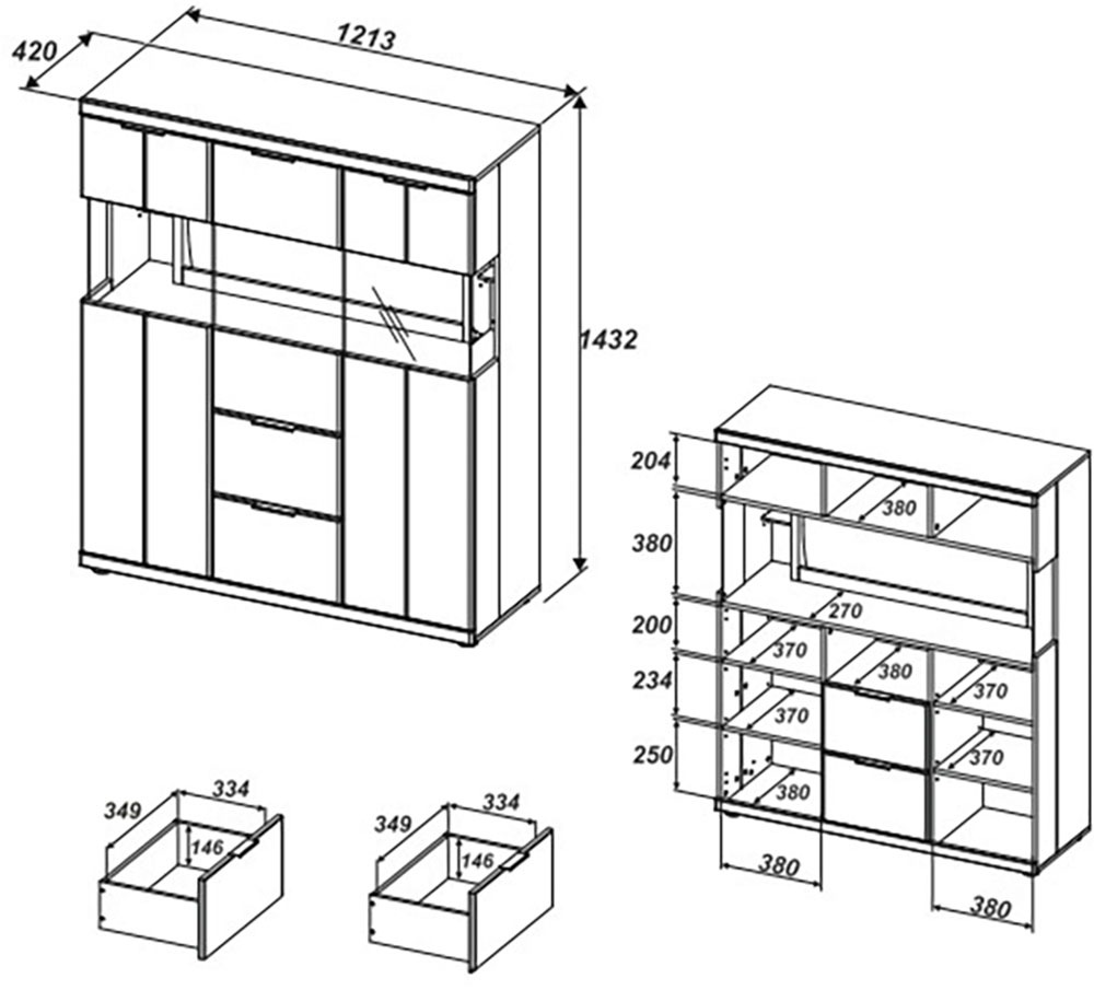 Innostyle Highboard »Donna Highboard, 122x144x42 (BxHxT)« 1 Stk. tlg. Beleuchtung optional bestellbar, 3 türig, 2 Schubkasten, Softclose