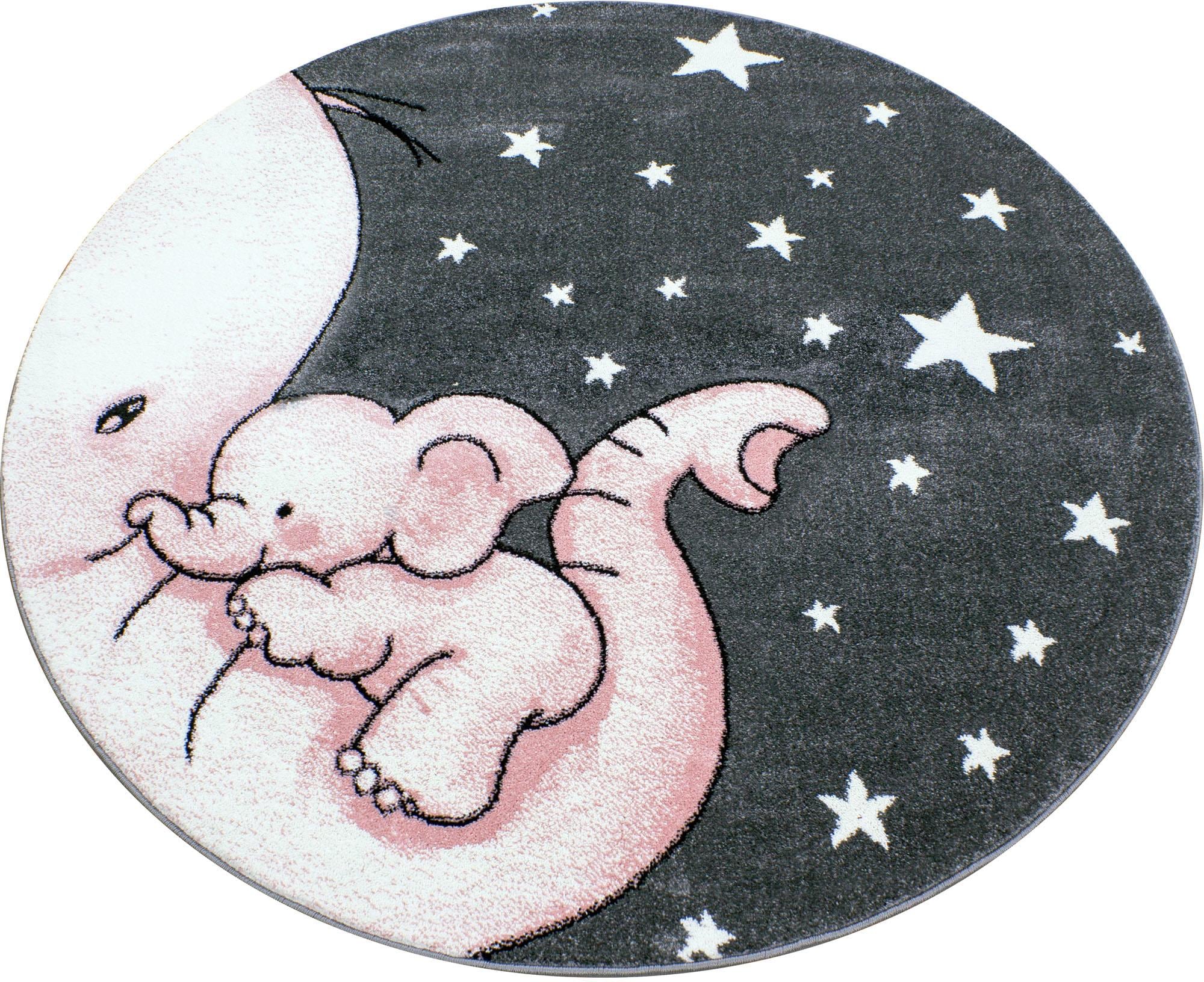 Kinderteppich AYYILDIZ TEPPICHE "Kids 560" Gr. 9, pink (pink, grau), H:12mm Ø:120cm, Kunstfaser, Teppiche, Kinderteppich, auch rechteckig, Elefanten Baby Sterne, Kurzflor