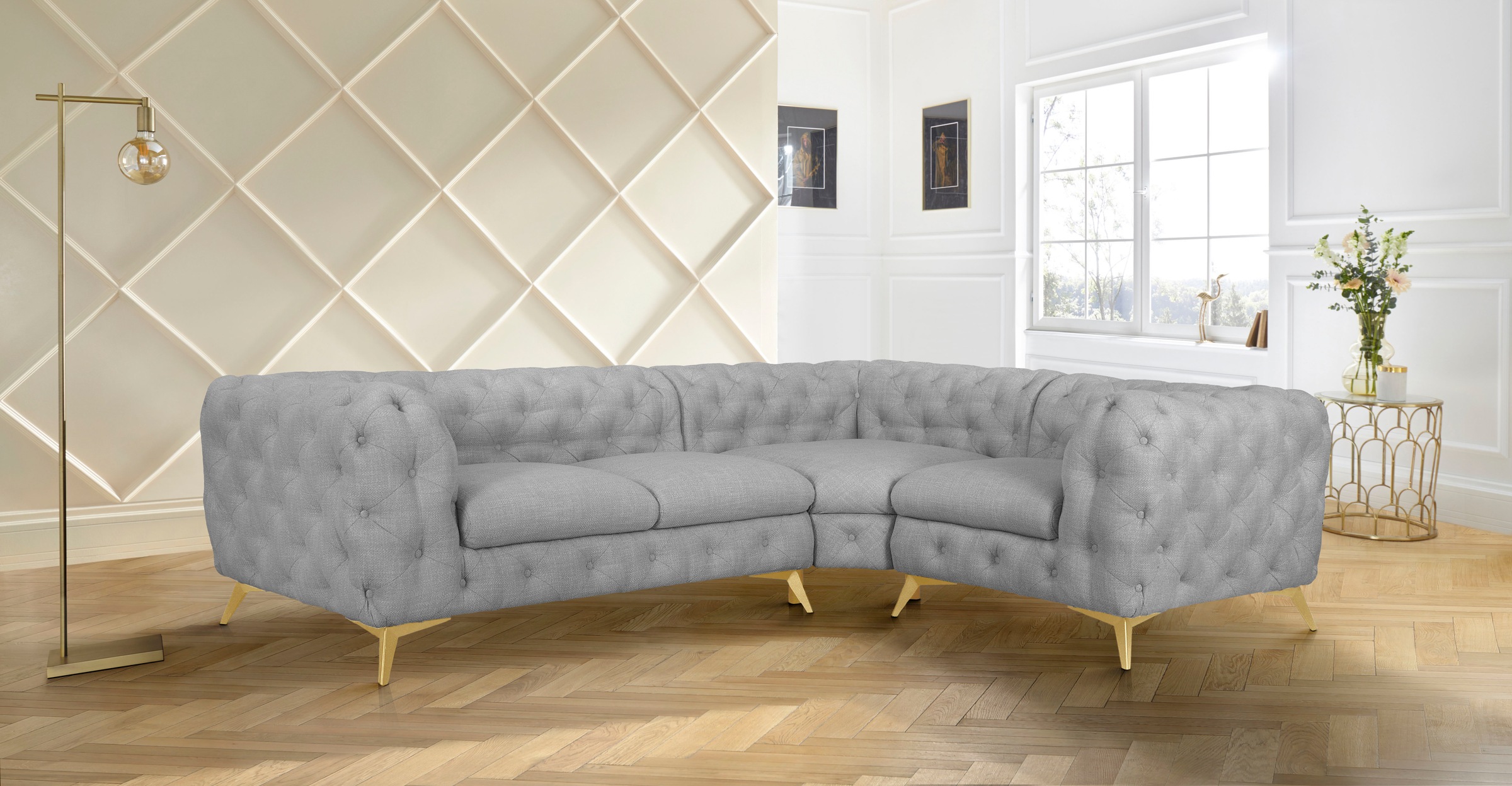 Leonique Chesterfield-Sofa »Ecksofa GLYNIS L-Form mit Wellenunterfederung, Maße B/T/H 264/204/75cm«, aufwändige Knopfheftung, moderne Chesterfield Optik, Fußfarbe wählbar