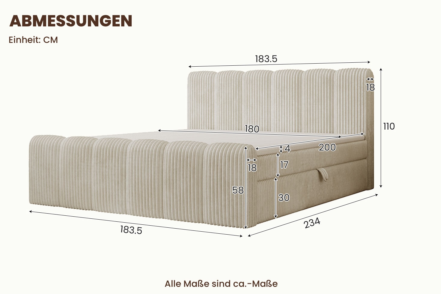 OTTO home Boxbett »SIVVA in der Breite 180cm, flauschiger Breitcord, Farbe: cream« inkl. Taschenfederkernmatratze (H3) & Topper (4cm) & Fußteil