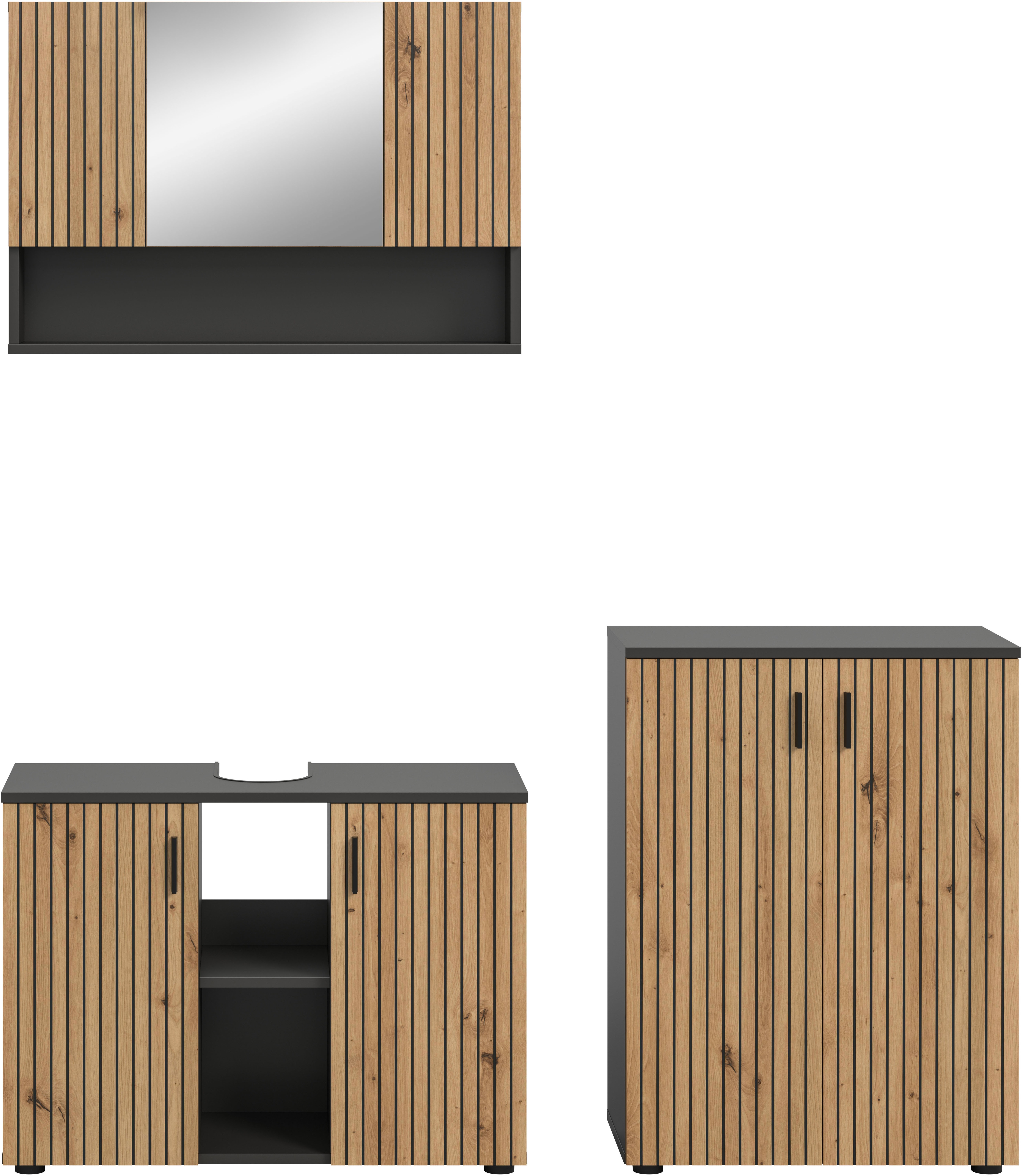 Thumbnail - welltime Badmöbel-Set "MANI, 3-tlg. Badkombination, Paneeloptik" Set, Set, best, aus: 1Badschrank,1Spiegelschrank,1Wasch...