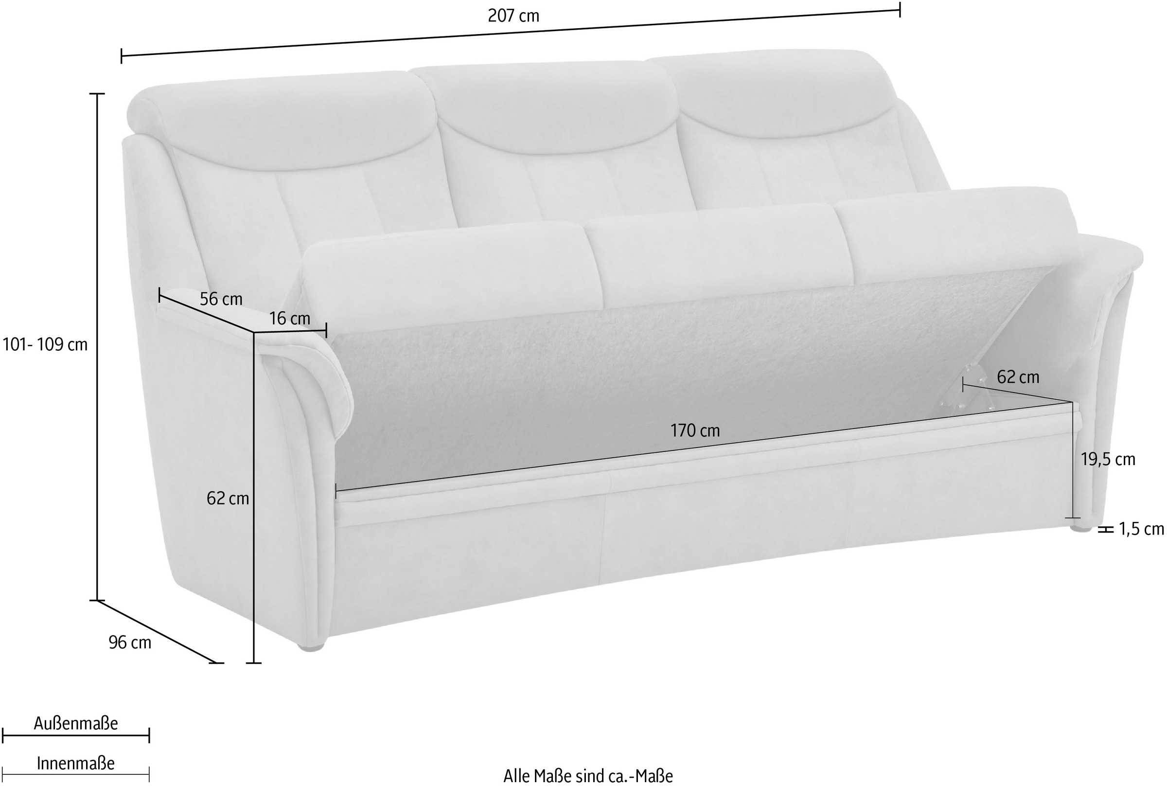 VILLA BECK 3-Sitzer »Lugano«, (1 St.), inklusive Kopfteilverstellung, in Sitzhöhe 46 cm