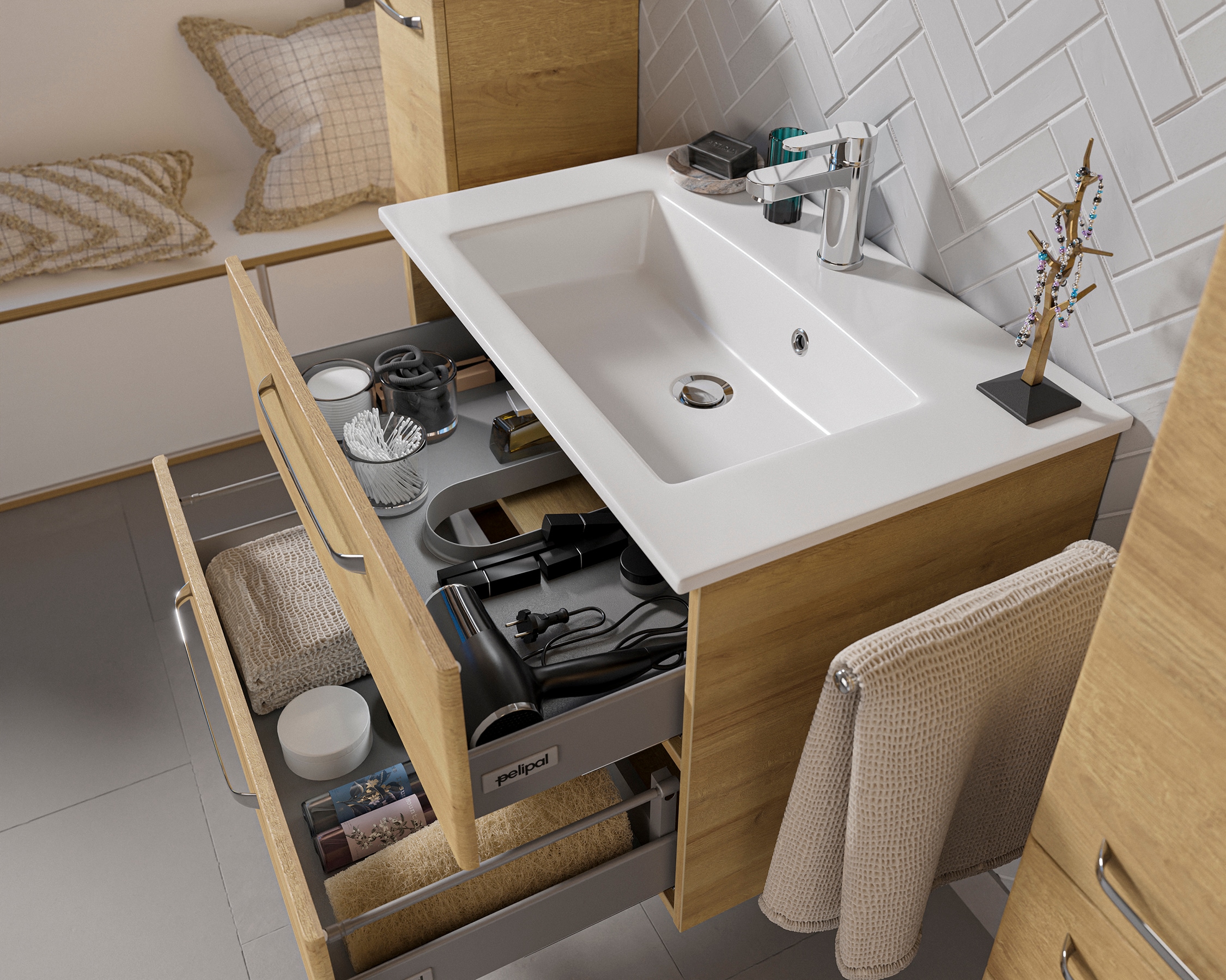Saphir Badmöbel-Set »Badmöbel-Set Trentino 4-tlg Mineralmarmorwaschtisch,LED-Spiegelschrank«, (5 St.), Badezimmer-Set mit Midischrank und Unterschrank inkl. Türdämpfer