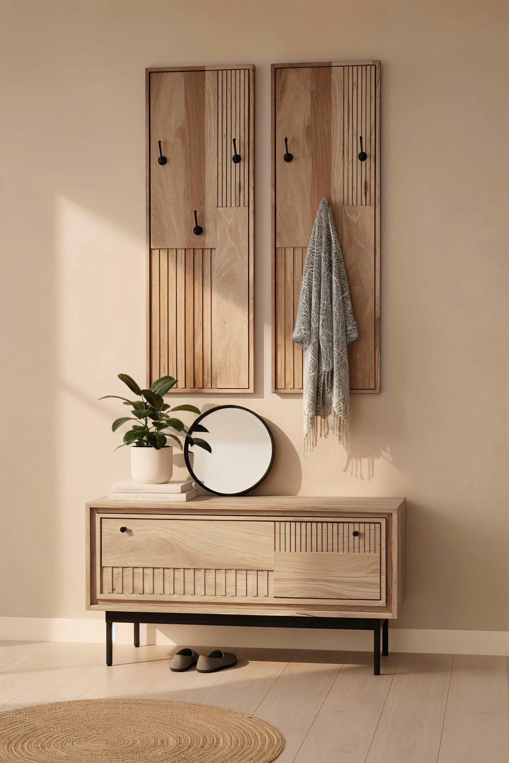 SIT Schuhschrank »Vieste aus Mangoholz mit Lamellen-Schnitzereien & Metallfüßen« 1 Stk. tlg. 2 Fächer hinter 1 Klappe mit 15 cm hohen schwarzen Metallfüßen