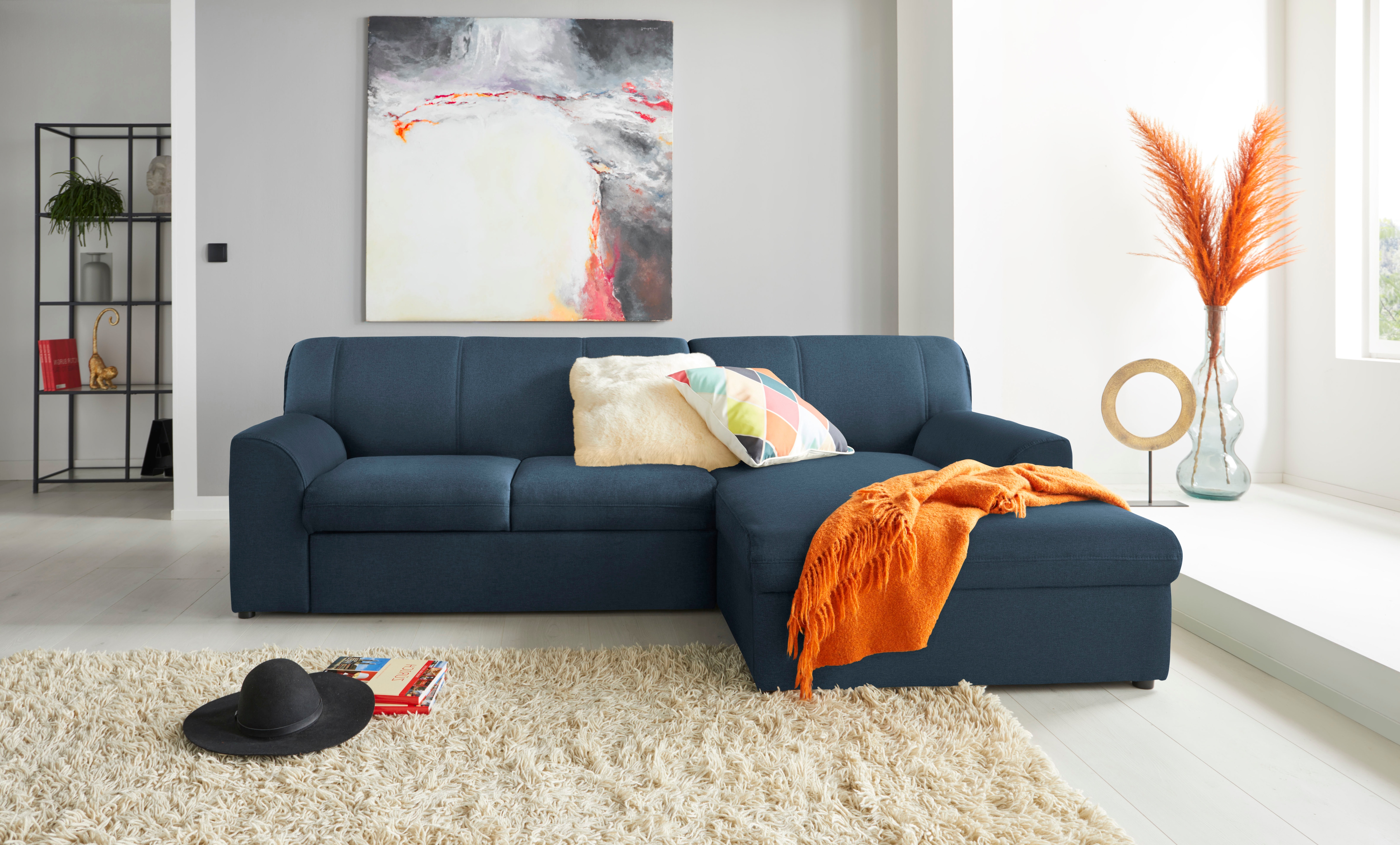 DOMO collection "Topper, elegant und zeitlos, kompaktes Stellmaß 245/155cm, L-Form" mit Recamiere, wahlweise mit Schlaffunktion
