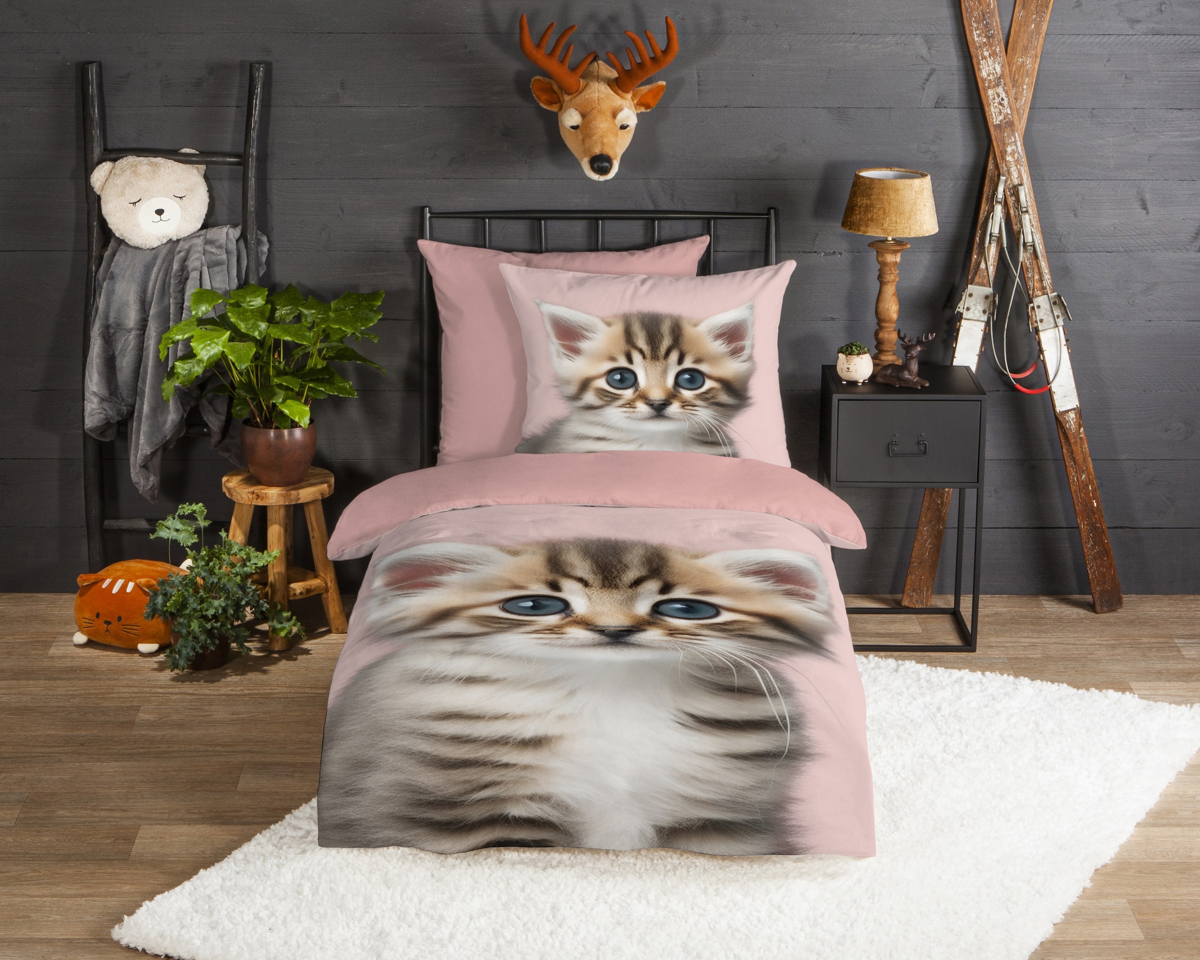 good morning Kinderbettwäsche »Meow«, Flanell, Biber, 135x200, Warm, Wendeoptik, Kind, Mädchen, Katze, Rosa