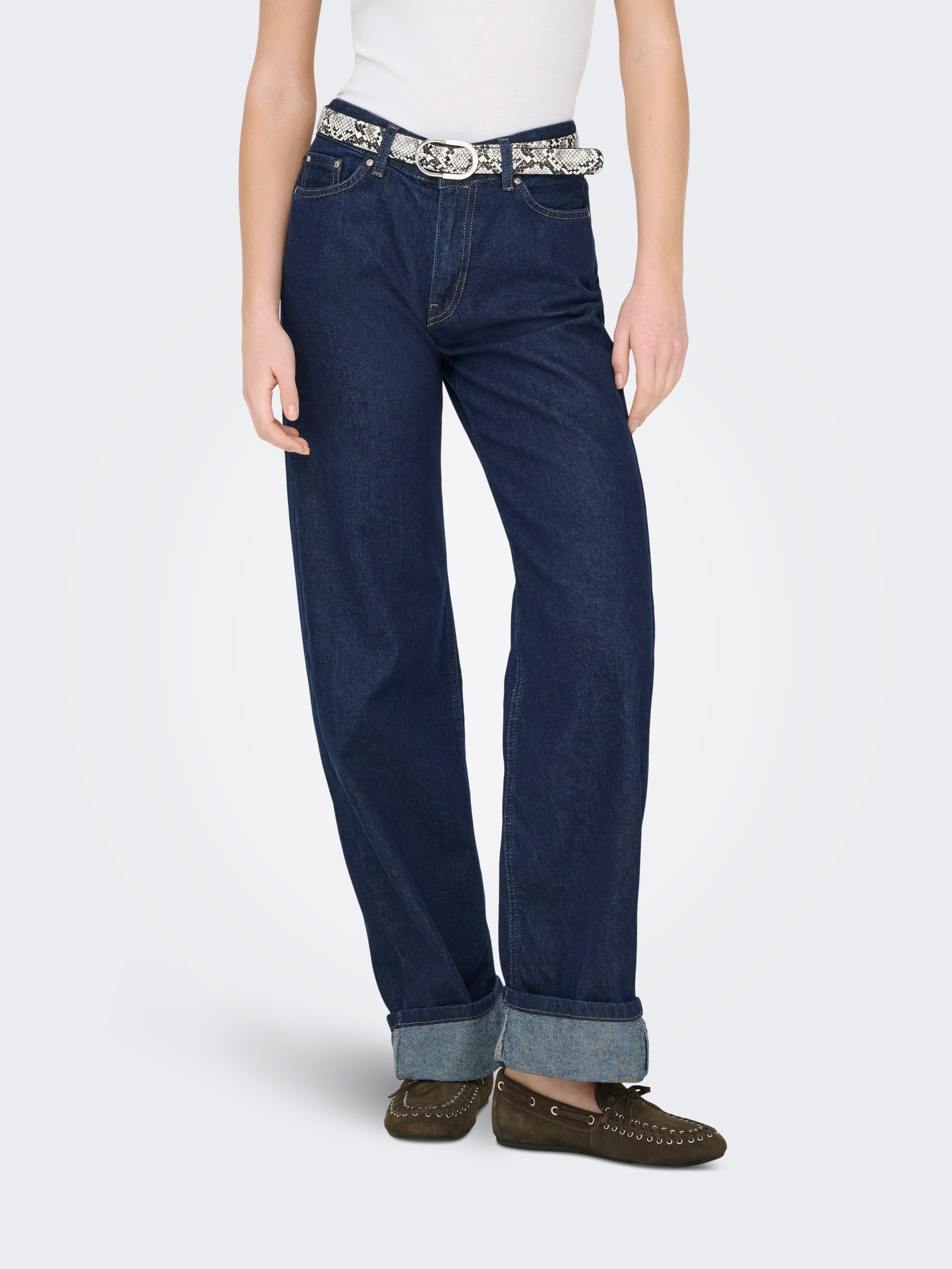 ONLY Weite Jeans "ONLELLA MW WIDE FOLDUP DNM TAI988" Baumwolle, regular waist, wide fit