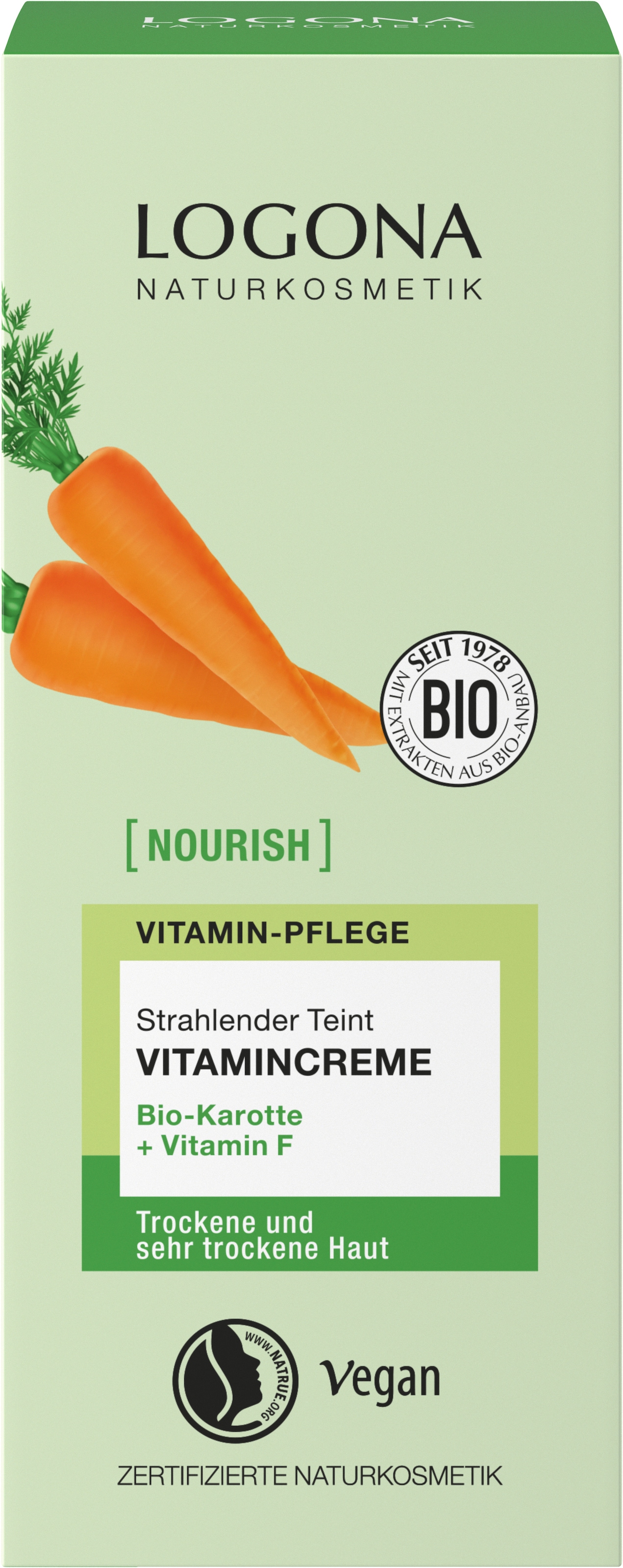 LOGONA Gesichtspflege »NOURISH strahlender Teint Vitamincreme mit Bio-Karotte + Vitamin F« Gesichtspflege, für sehr trockene Haut und trockene Haut, vegan