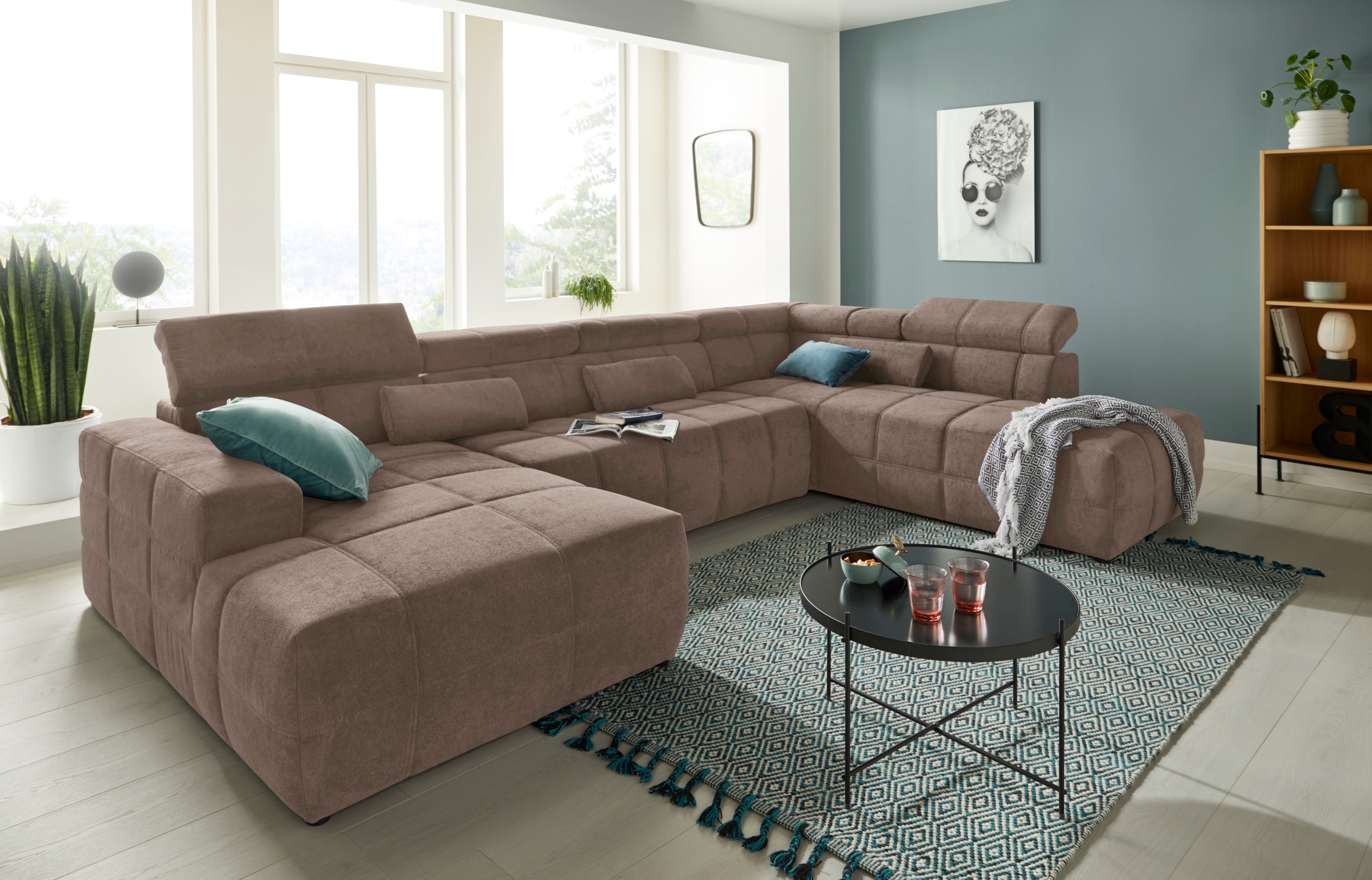 DOMO collection Wohnlandschaft "BRANDON whlw. mit Sitztiefenverstellung, whlw. Nierenkissen" mit Kopfteilverstellung, wahlweise Sitztiefenverstellung, U-Form
