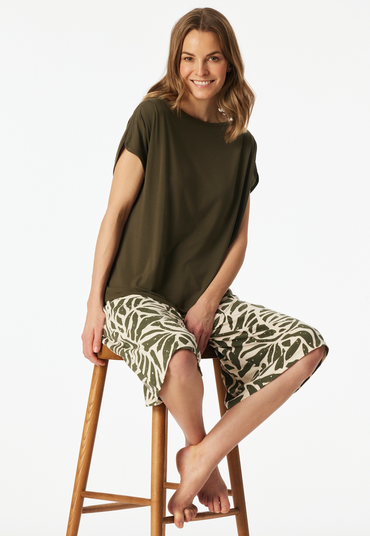 Schiesser Pyjama »Selected Premium« 2 U-Boot-Ausschnitt, 3/4-lange Hose im Culotte-Schnitt