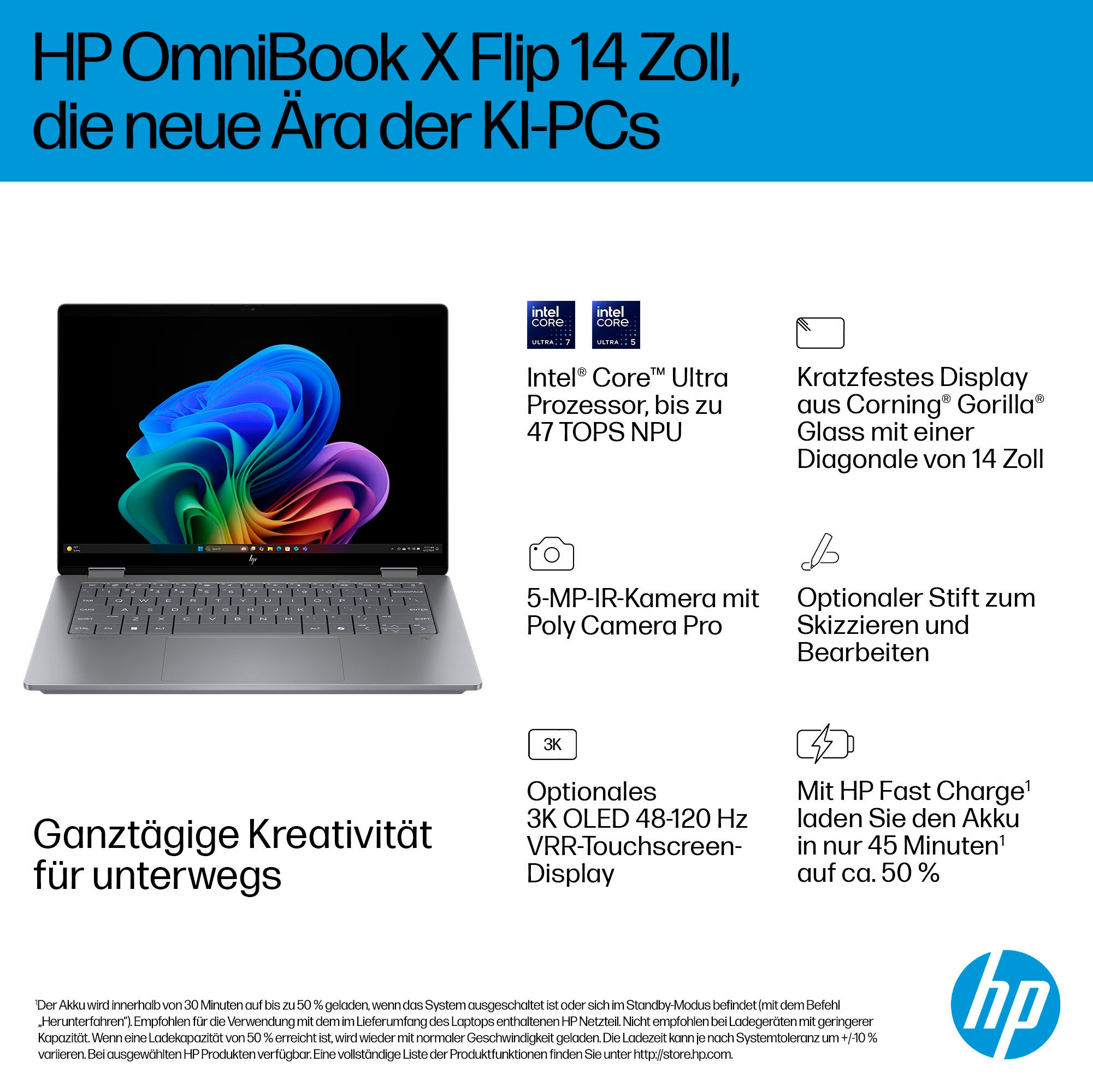 HP Convertible Notebook »OmniBook X Flip 14-fm0077ng«, 35,6 cm, / 14 Zoll, Intel, Core Ultra 7, 1000 GB SSD