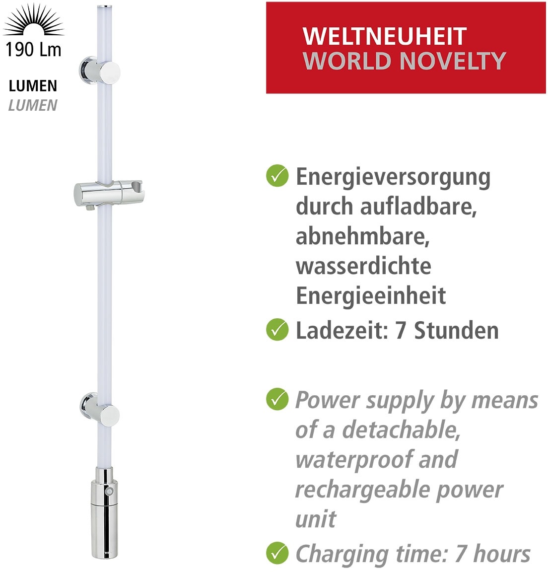 WENKO Duschstange »Brausestange mit LED Beleuchtung«, RGB-Farbwechsel und Warmweiß, inkl. wiederaufladbarer Einheit