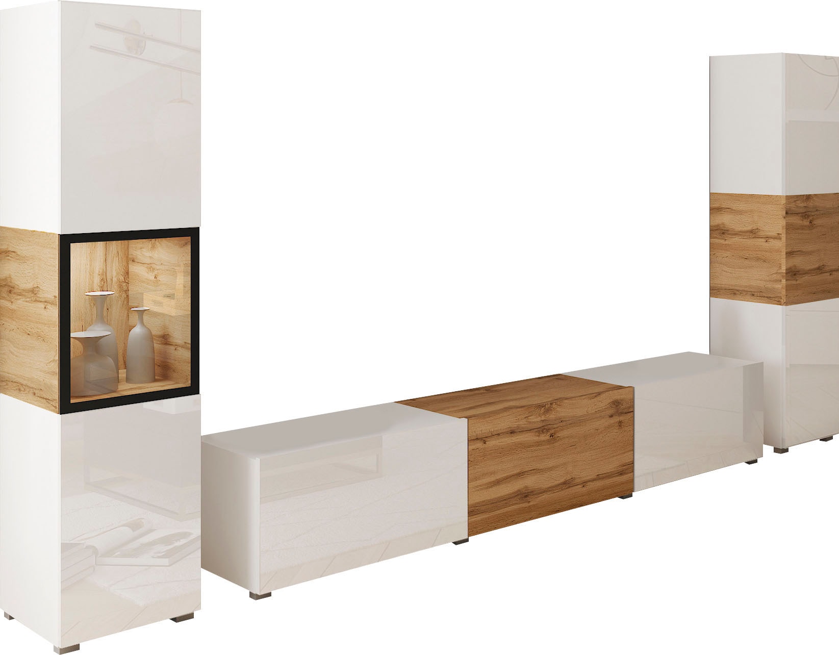 INOSIGN Wohnwand "BERLIN III", (Komplett-Set, 3 St.), moderne grifflose Mediawand Breite 260 cm, Vitrine mit Verglasung