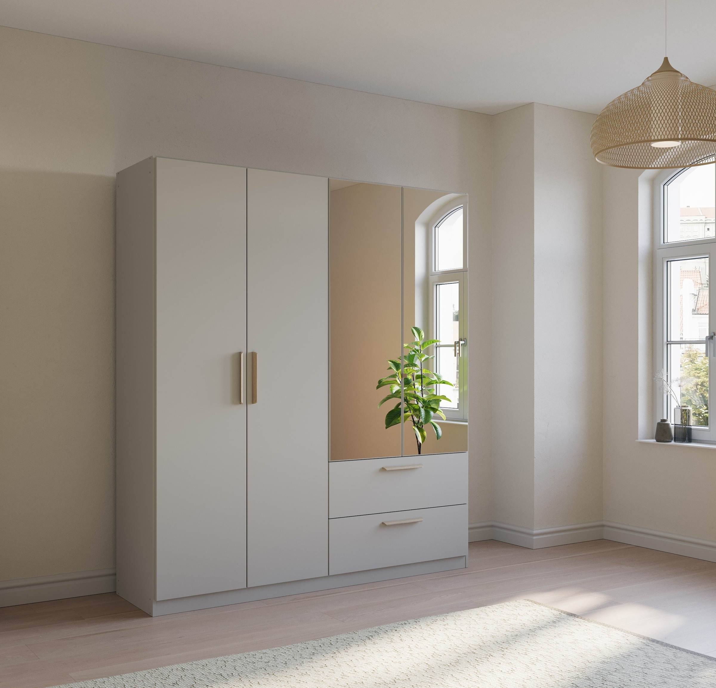 rauch Kleiderschrank »Skandi by Quadra Spin Schlafzimmerschrank«, im Landhaus-Stil mit Massivholzgriffen, mit Schubladen und Spiegel