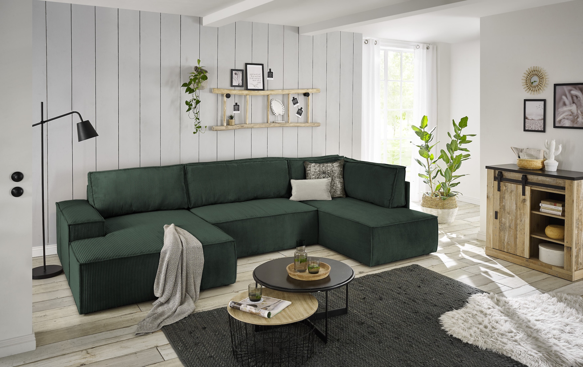 Home affaire Wohnlandschaft »SHERWOOD 329 cm, U-Form, Schlafsofa,«, Schlaffunktion m. Bettkasten (194x139 cm), Cord, Vintage, Samtvelours
