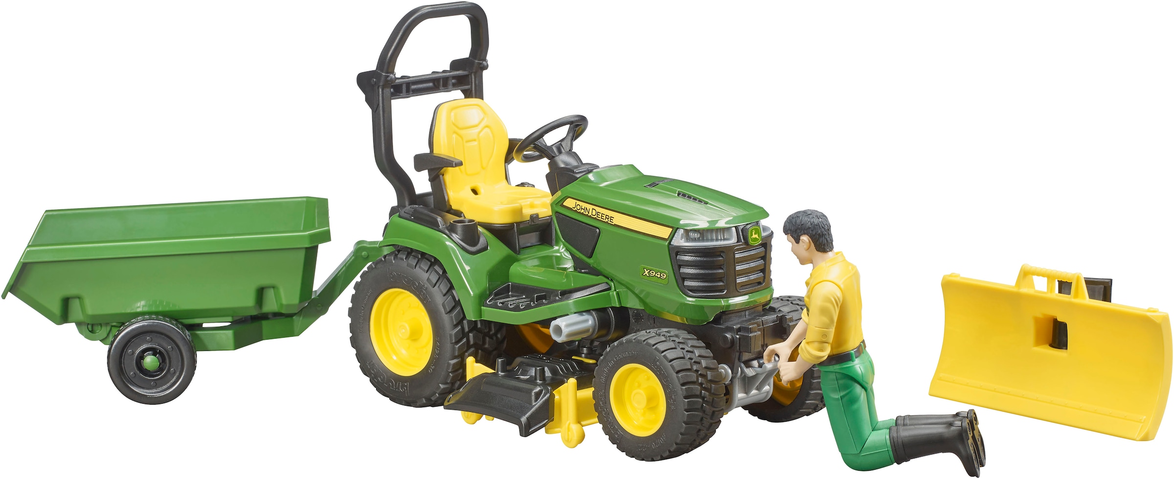 Bruder® Spielzeug-Traktor »bworld John Deere Aufsitzrasenmäher mit Anhänger und Gärtner (62104)«, Made in Europe