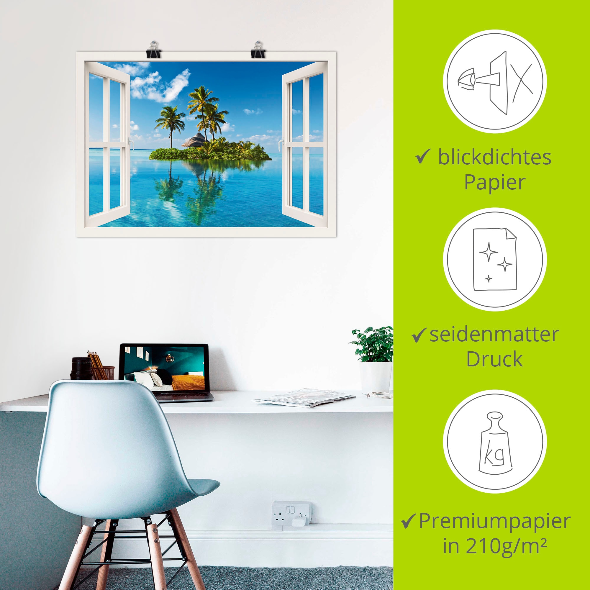 Artland Wandbild »Fensterblick Insel Palmen Meer«, Fensterblick, (1 St.), als Leinwandbild, Poster, Wandaufkleber in verschied. Größen