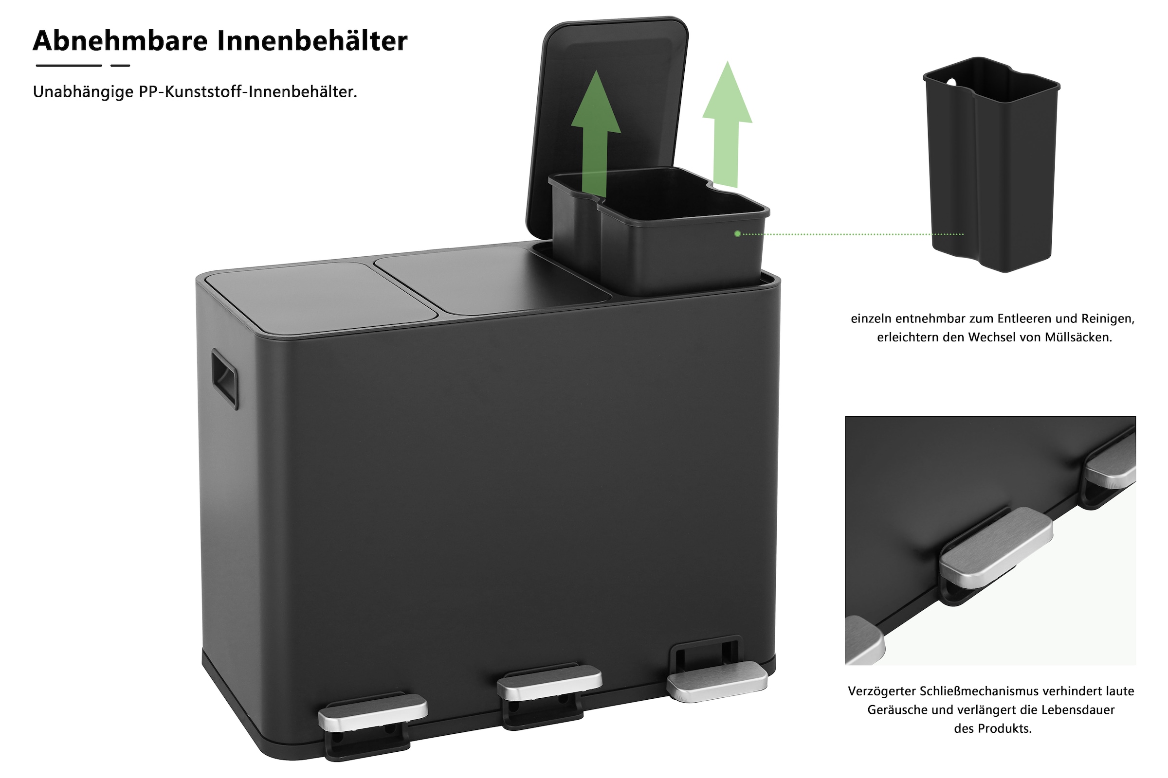 OTTO home Mülleimer »Garrin, Soft Close, Fassungsvermögen 3x 15 Liter« 3 Behälter Mülltrennsystem mit 3 separaten Innenbehältern und Fußtrittpedalen