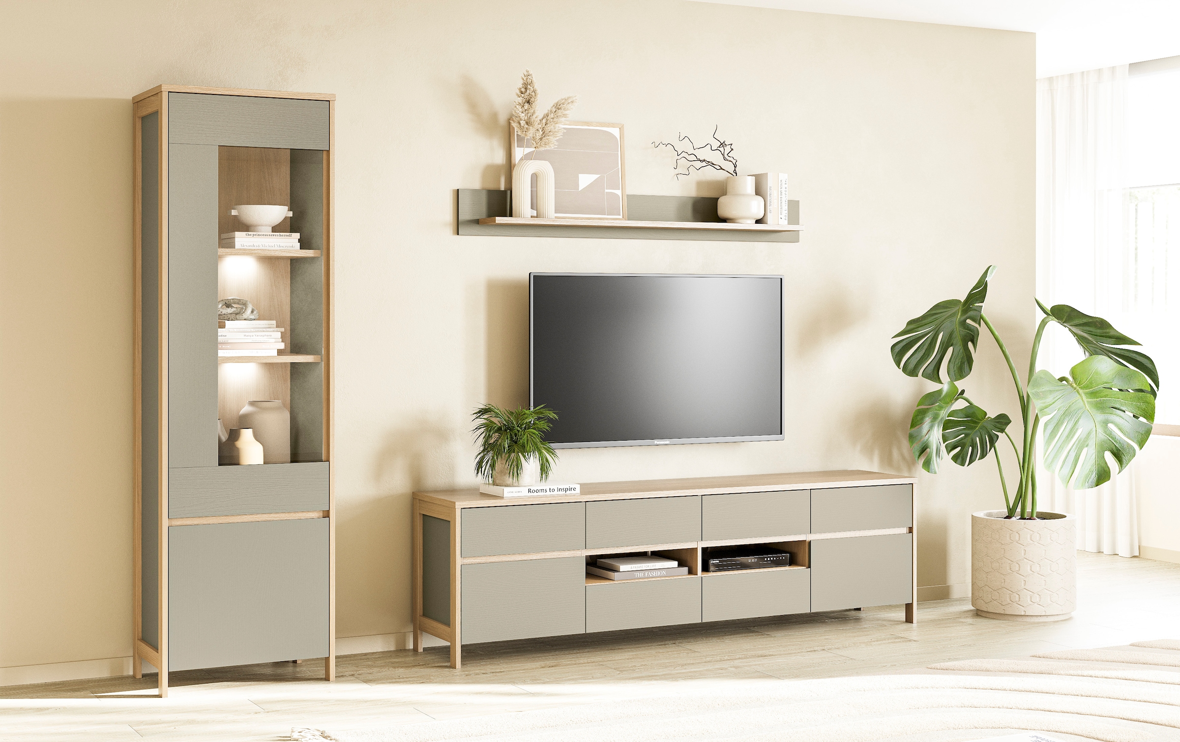 Home affaire Wohnwand »Stranda, moderne Anbauwand, Komplettset im Scandi-Style«, (3 St.), enthält Vitrine, Lowboard und Wandboard, 270 cm breit