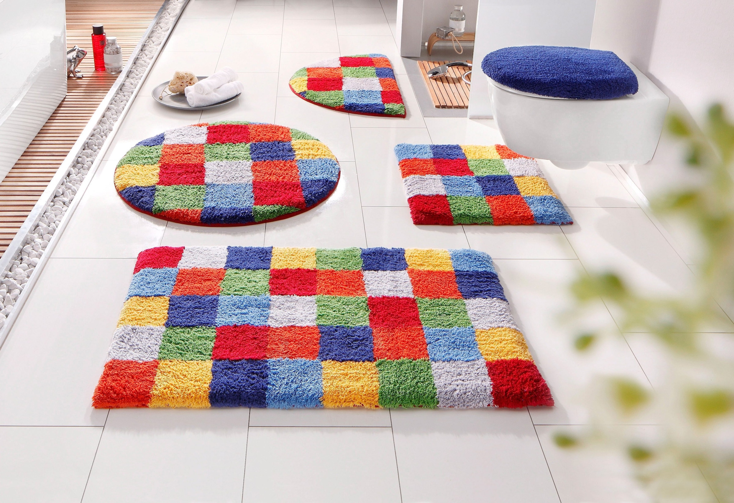 my home Badematte »Kira, Badvorleger, Badezimmer Teppich, Kästchen«, beidseitig nutzbar-fußbodenheizungsgeeignet-strapazierfähig, bunt, Badteppich, Badematten auch als 2 teiliges Set erhältlich