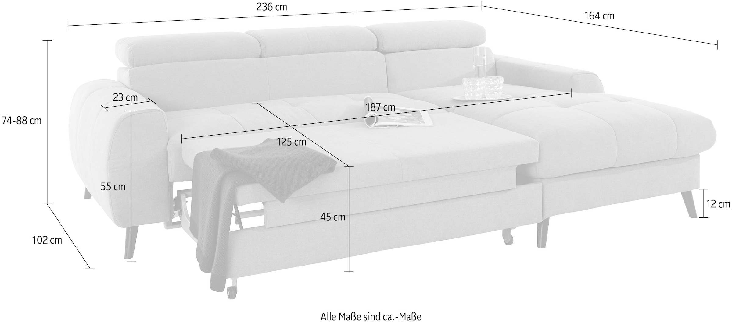 COTTA Ecksofa »Mia L-Form mit 3 Zierkissen«, wahlweise mit Bettfunktion, Bettkasten, Beleuchtung & Wireless-Charger