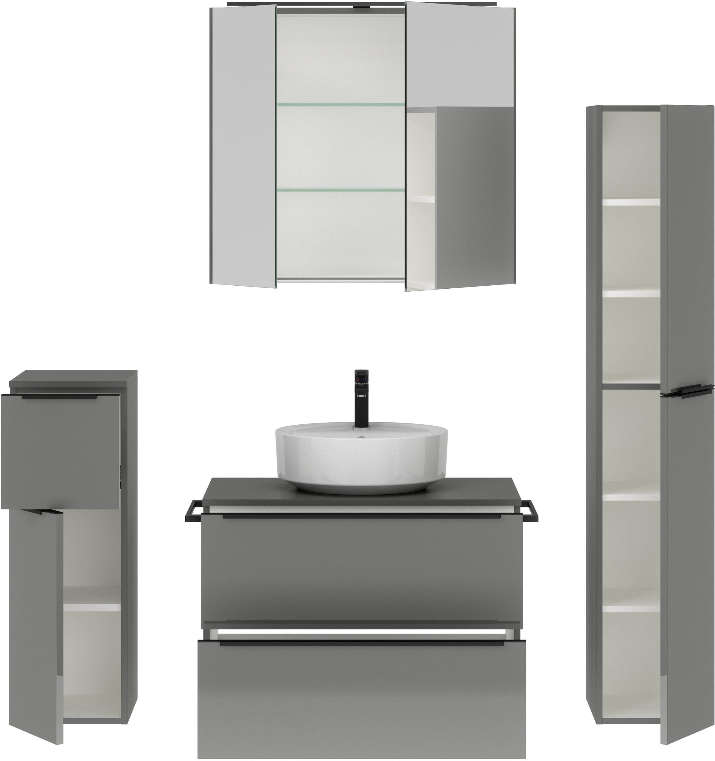 nobilia® Badmöbel-Set »Alvene«, (4 St., vormontiert, mit Soft-Close), inkl. Spiegelschrank mit Beleuchtung und Dimmerfunktion, in 4 Breiten