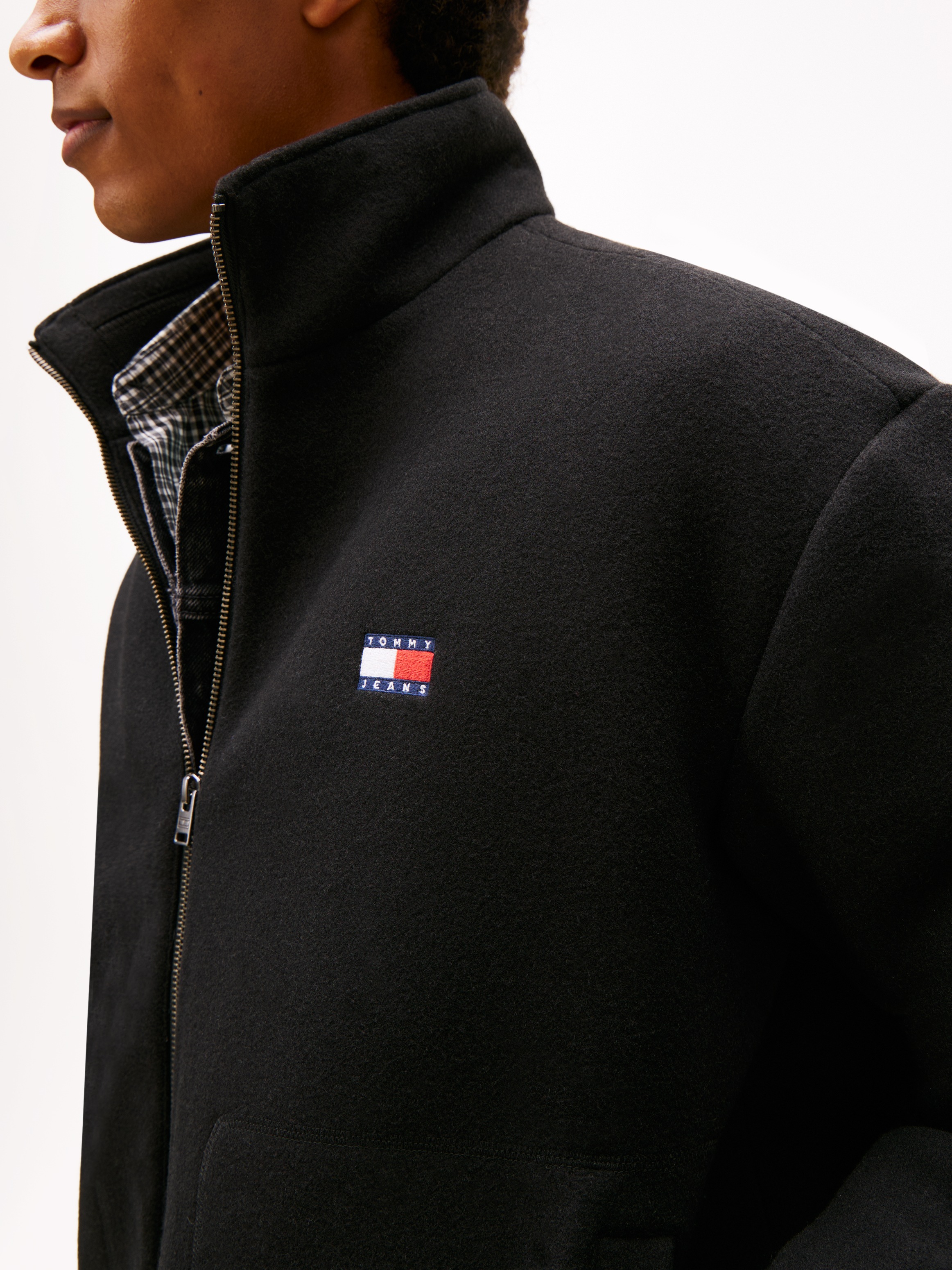 Fleecejacke TOMMY JEANS "TJM ESSENTIAL WOOL PADDED", Herren, Gr. L, schwarz, Web, Obermaterial: 75% Polyester, 25% Wolle, relaxed fit normal, elastischer Bund, Jacken Fleecejacke, relaxed fit, Stehkragen 3