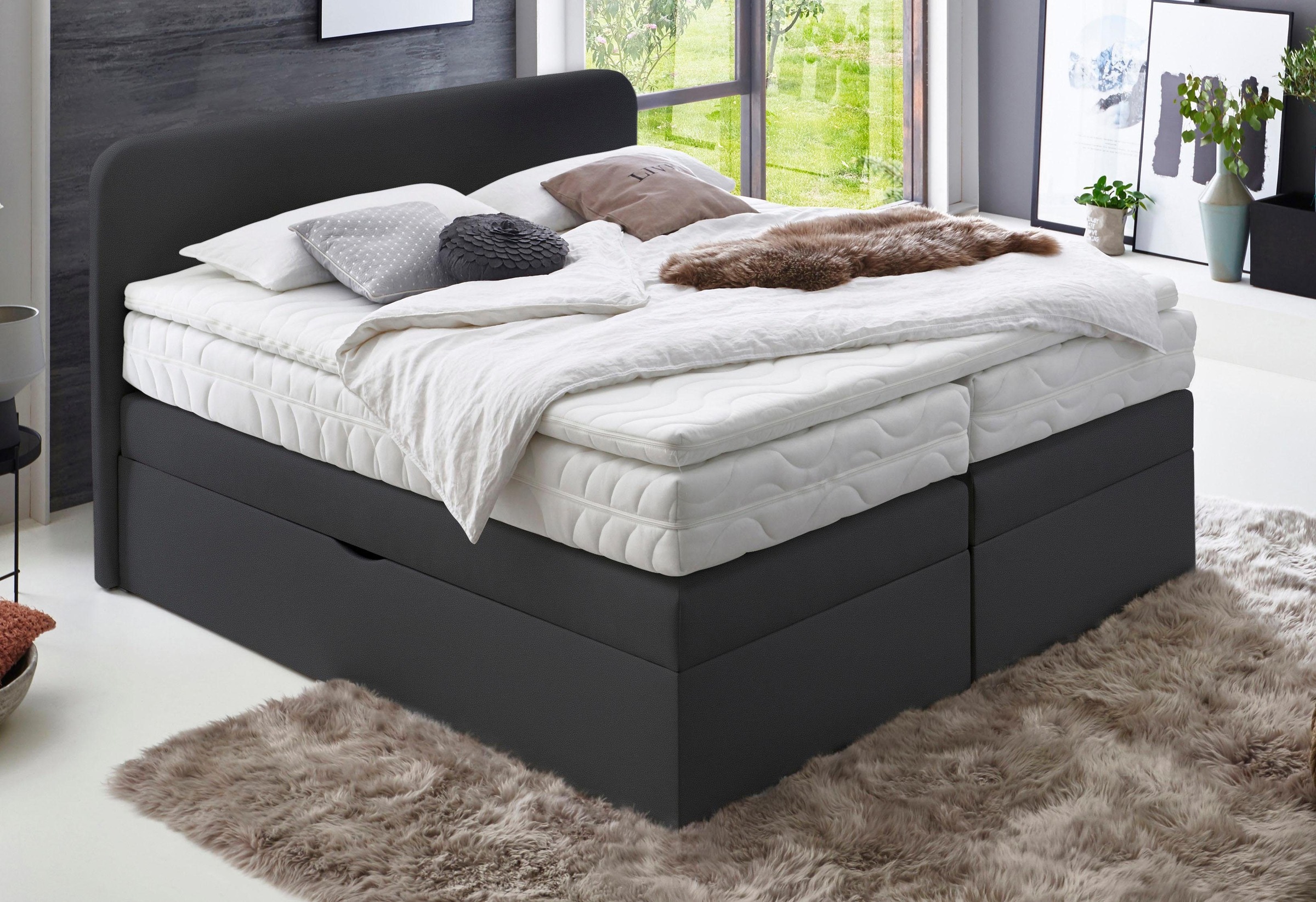 Boxspringbett, schwarz, B:195cm L:212cm, Box und Kopfteil: Microvelours (100% Polyester) oder Kunstleder (Polyurethan);Bezug der Obermatratze: 100% Polyester, WESTFALIA SCHLAFKOMFORT, Komplettbetten, Boxspringbett, wahlweise mit Bettkasten 9