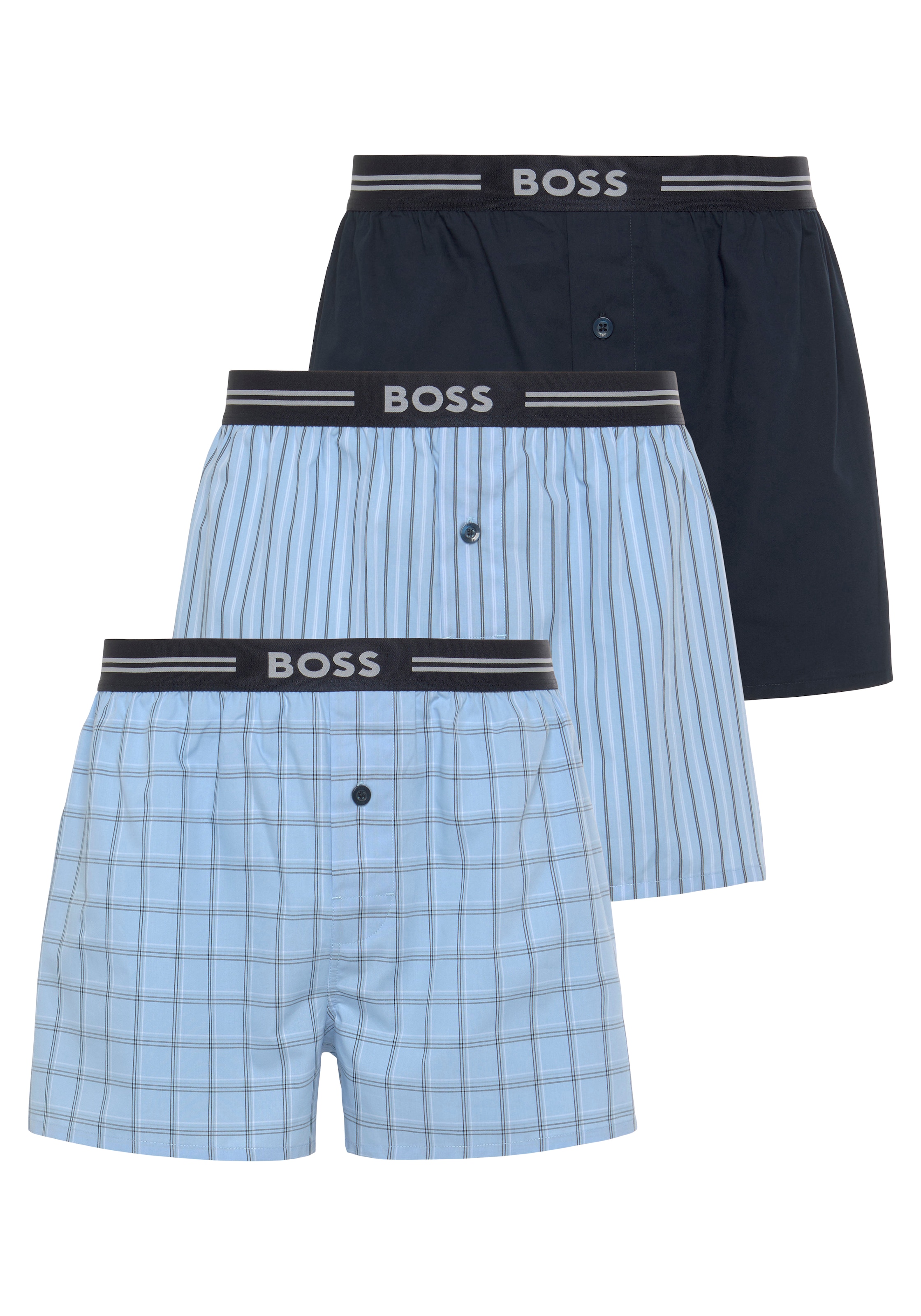 BOSS Boxershorts "3P Woven Boxer", (Packung, 3 St., 3er Pack), mit Eingriff mit Knopf