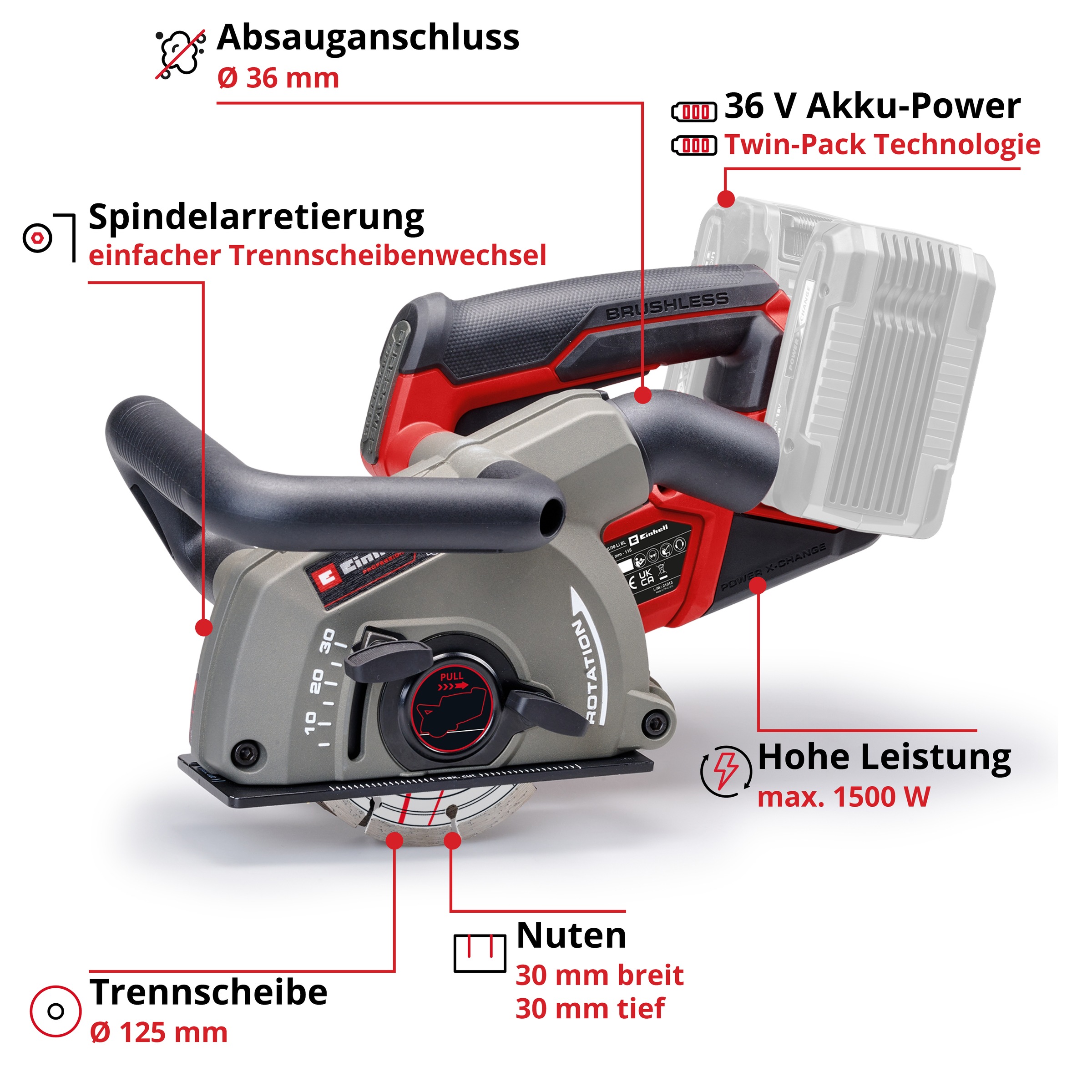Einhell Mauernutfräse »TP-MA 36/30 Li BL - Solo« mit 2 Diamant Trennscheiben und Tragetasche, ohne Akku und Ladegerät