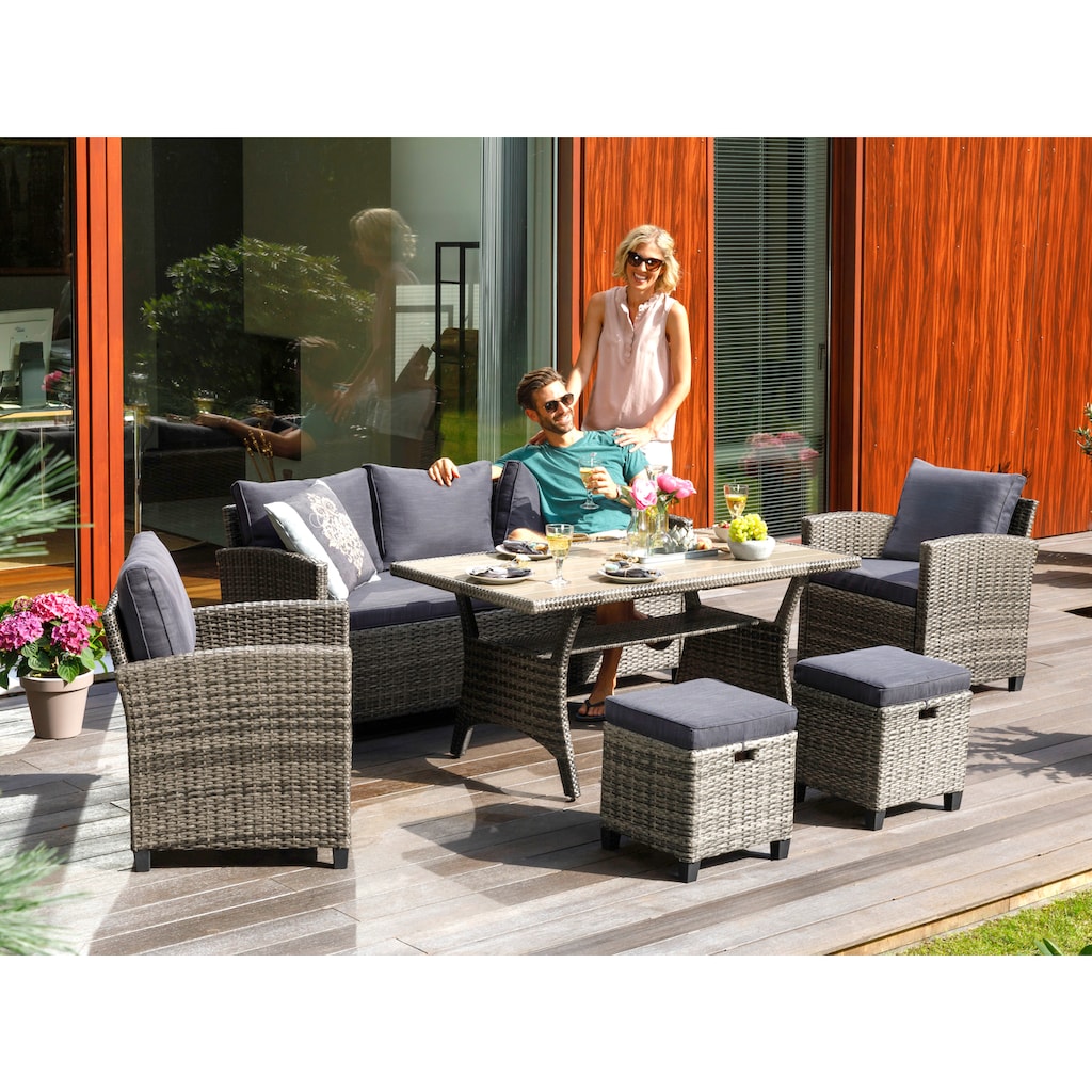 KONIFERA Gartenlounge-Set »Amsterdam«, (Set, 16 tlg., 1x 3er Sofa, 1x 2 Sessel, 2x Hocker, 1xTisch 144,5x74x67cm,Polyrattan), Stahl, Ablagefläche unter dem Tisch, Loungeset