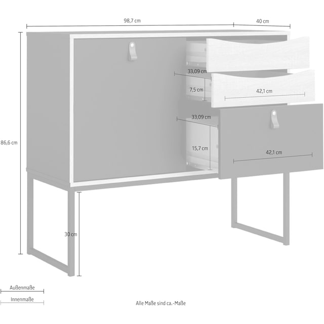Home affaire Sideboard »Stubbe«, mit Tür und 3 Schubladen, Ledergriffe für  die Tür, Breite 98,7 cm | BAUR