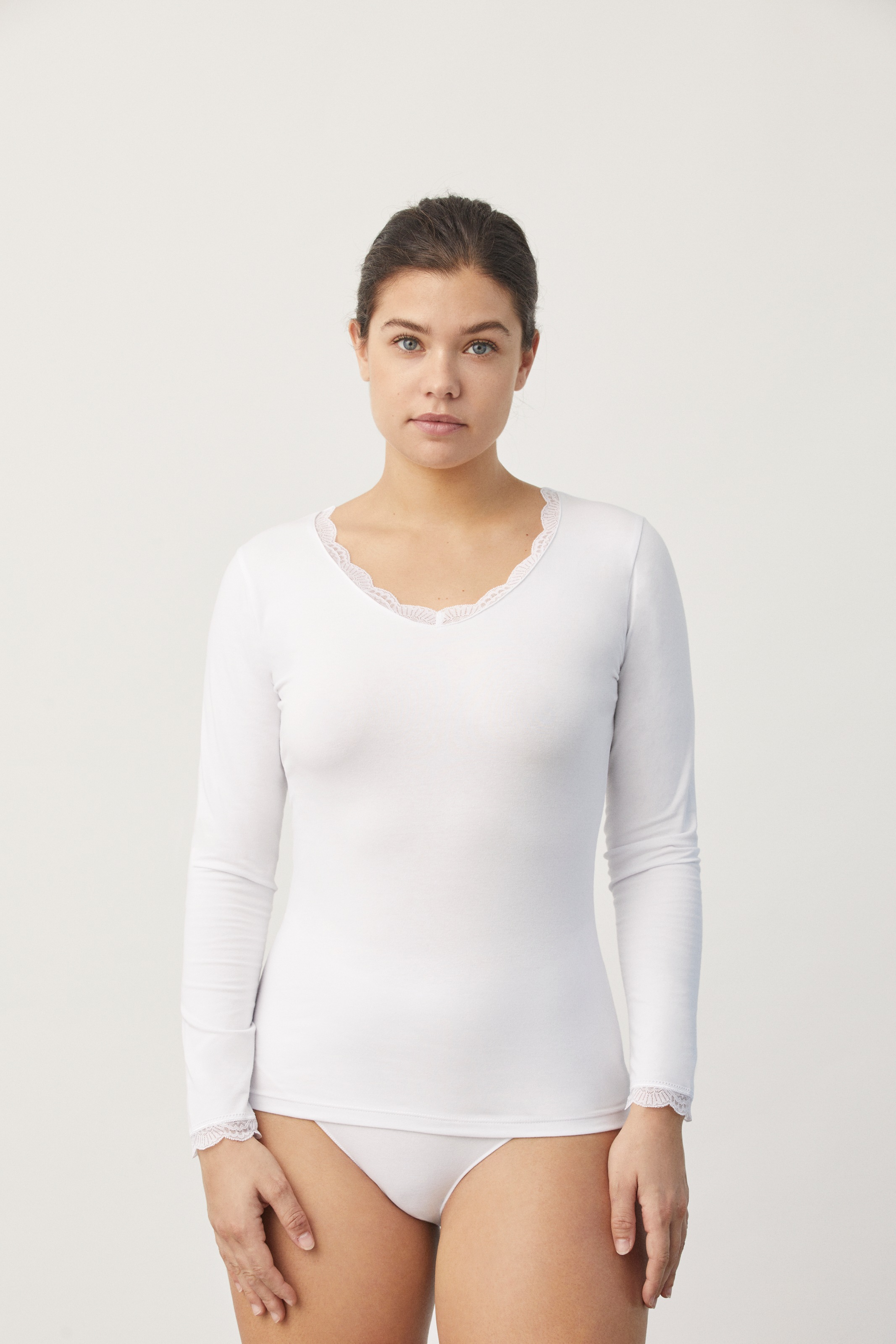 Ysabel Mora Basic Collection Cotton With Lace Long Sleeve Shirt White Size S 4