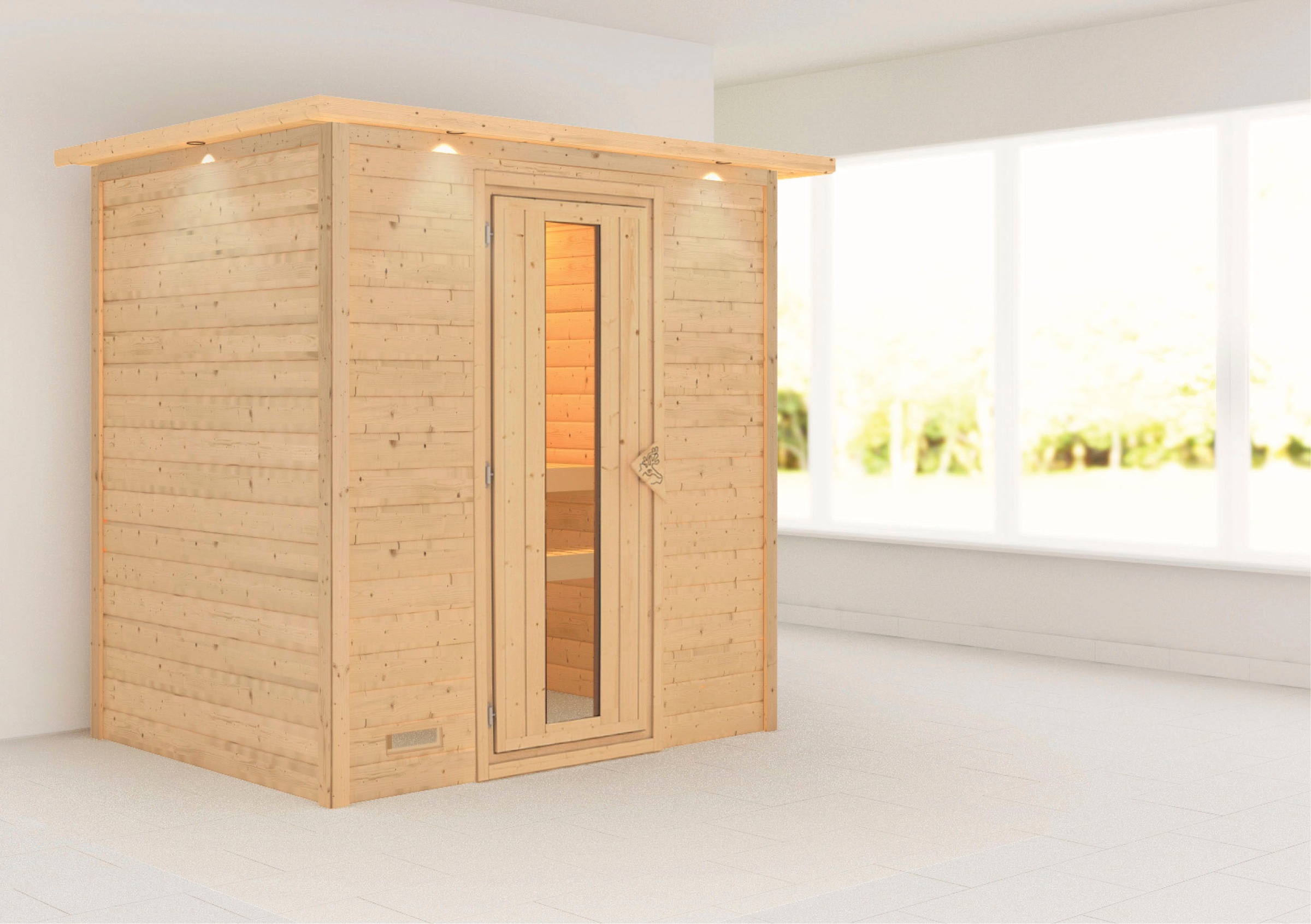 Karibu Sauna ""Sonja" mit Energiespartür und Kranz naturbelassen"