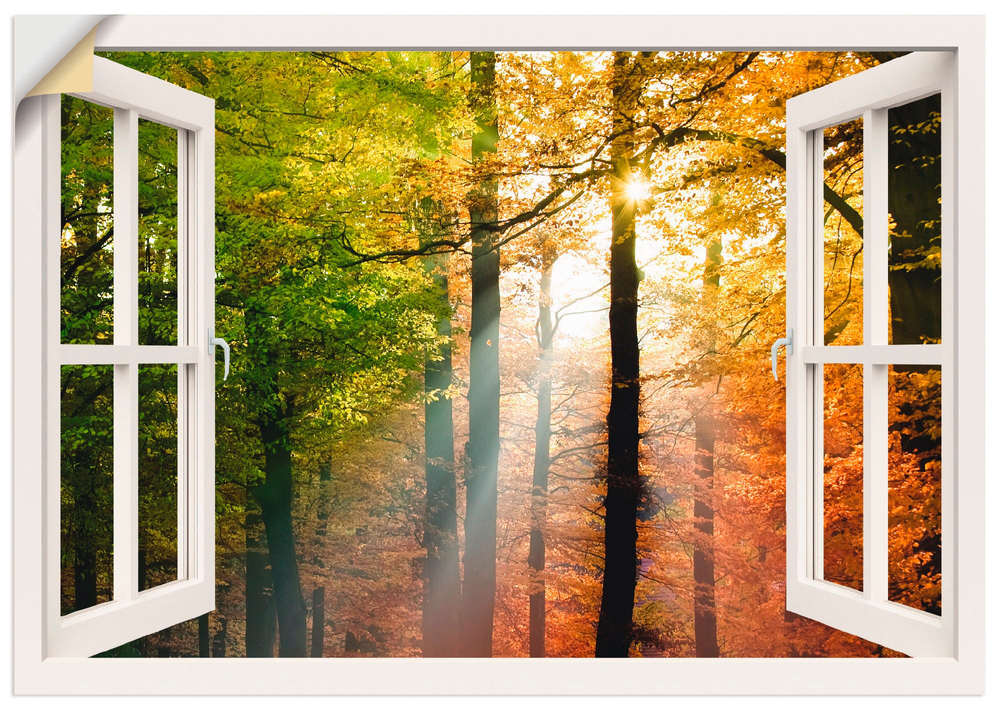 Artland Wandbild »Fensterblick Größen St.), Leinwandbild, Wandaufkleber (1 oder 2«, bestellen BAUR Herbsttag Schöner Fensterblick, Poster | versch. - in als