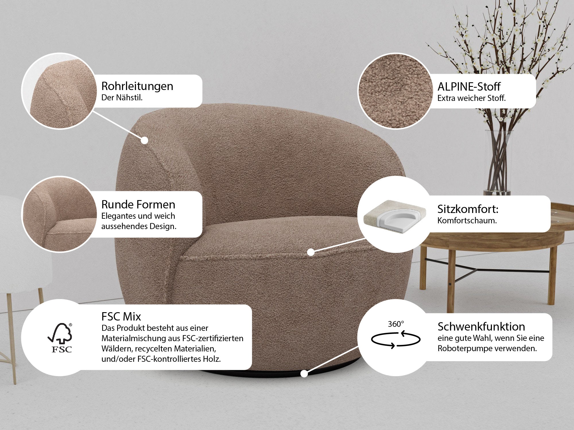 LeGer Home by Lena Gercke Loungesessel »Effie«, mit 360° Drehfunktion, komfortables Sitzen