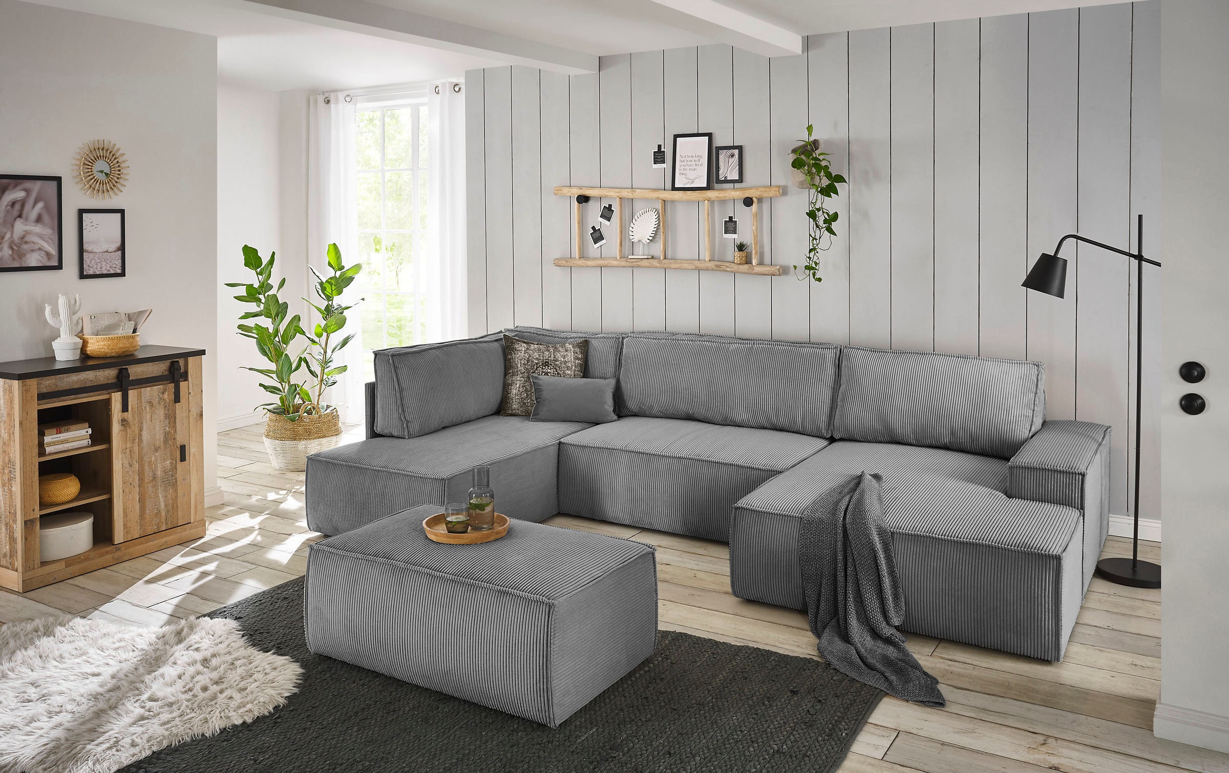 Home affaire Wohnlandschaft »SHERWOOD 329 cm, U-Form, Schlafsofa,«, Schlaffunktion m. Bettkasten (194x139 cm), Cord, Vintage, Samtvelours