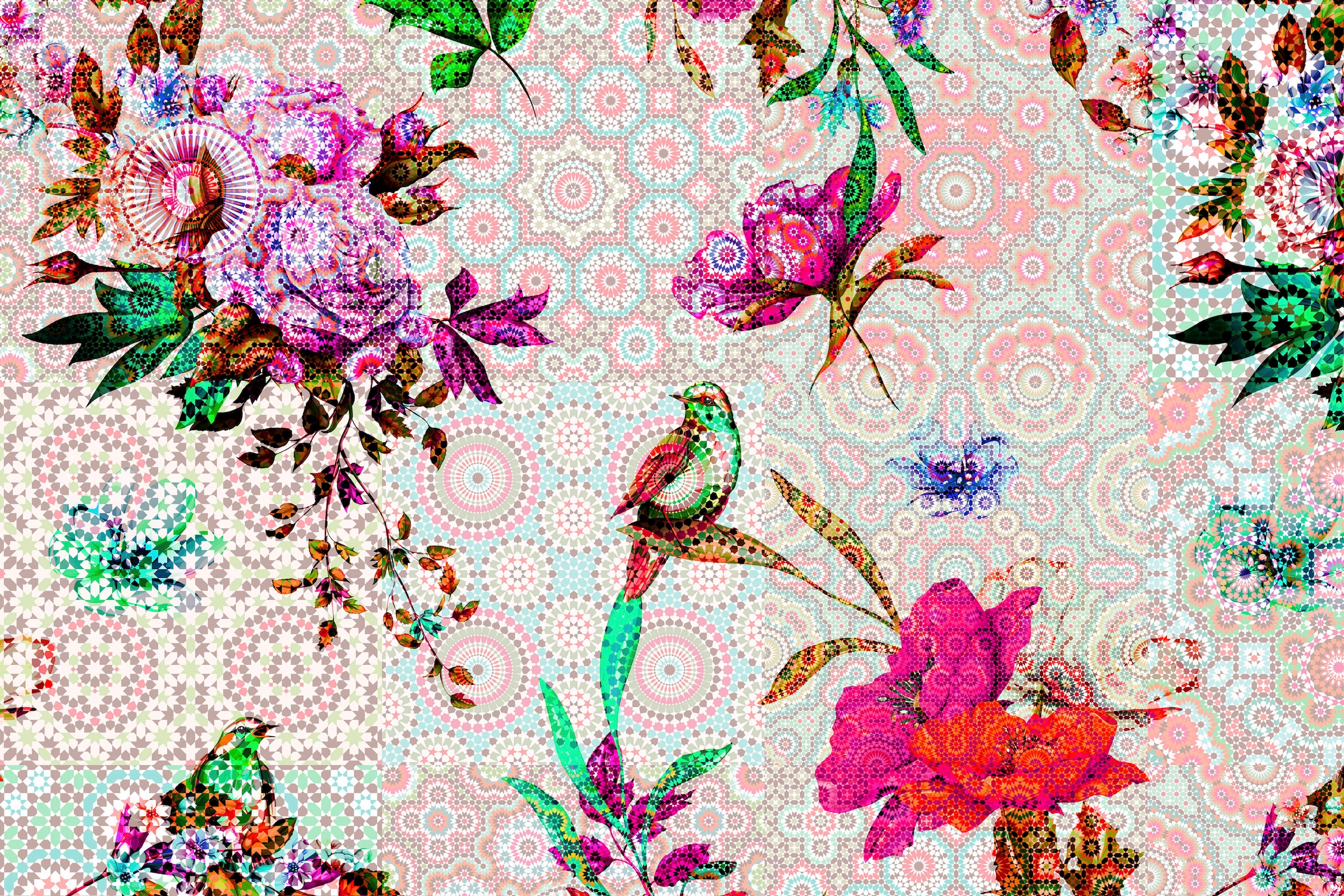 A.S. Création Leinwandbild »mosaic garden«, Kunst-Vögel-Kinder, (1 St.), Mosaik Keilrahmen Floral Blumen Vögel Leinwand-Bild Wohnzimmer modern