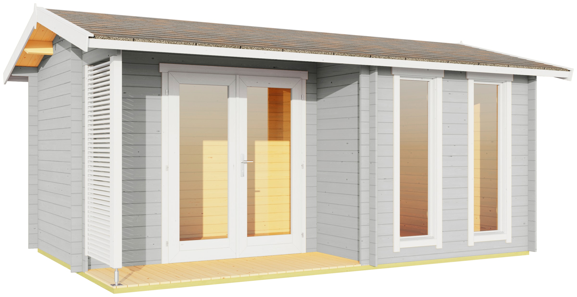 LASITA MAJA Gartenhaus »Riverside«, (Set), Blochbohlenhaus 28mm Terrasse, Fundamentmass 4800x3000, Lichtgrau