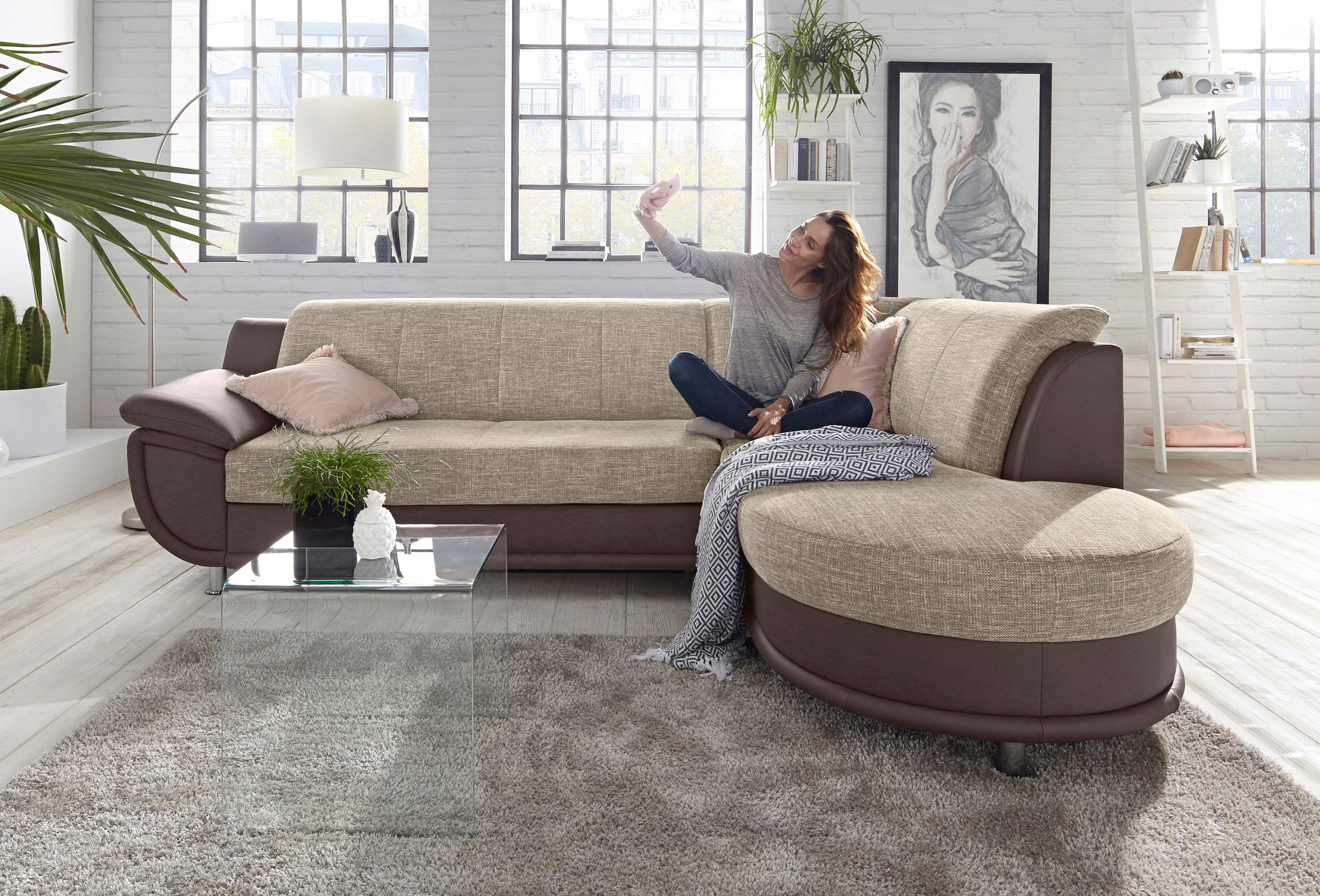 TRENDMANUFAKTUR Ecksofa »Rondo 3, zeitlos und bequem, Materialmix, breite Armlehnen, L-Form«, wahlweise mit Federkern für mehr Komfort, wahlweise mit Bettfunktion