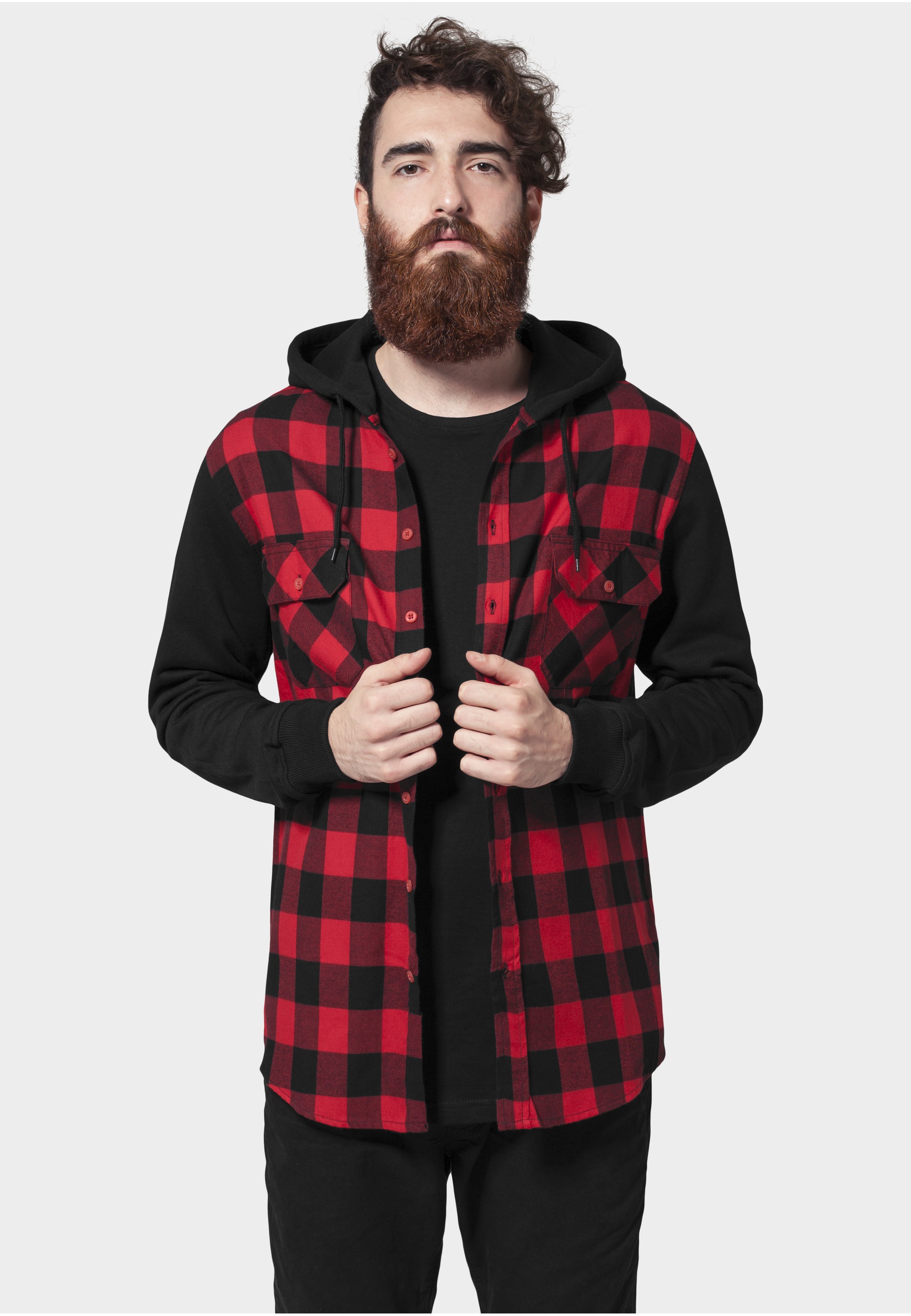 Langarm-Poloshirt URBAN CLASSICS "Urban Classics Herren Hooded Checked Flanell Sweat Sleeve Shirt", Herren, Gr. M, blk, rot, bl, 100% Baumwolle, kariert, normal, ohne Ausschnitt, Shirts 3