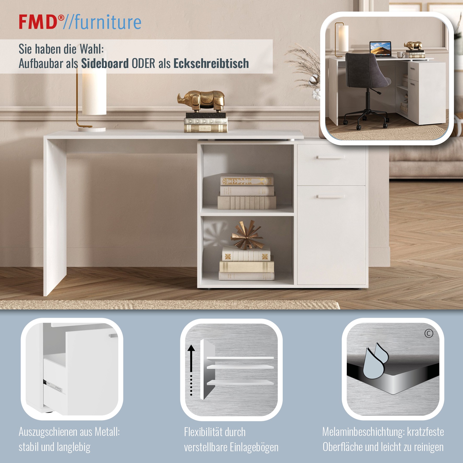 Thumbnail - FMD Eckschreibtisch "AUGSBURG" Schreibtisch/ Sideboard m. Stauraum, beids. montierb., 117 oder 148 cm