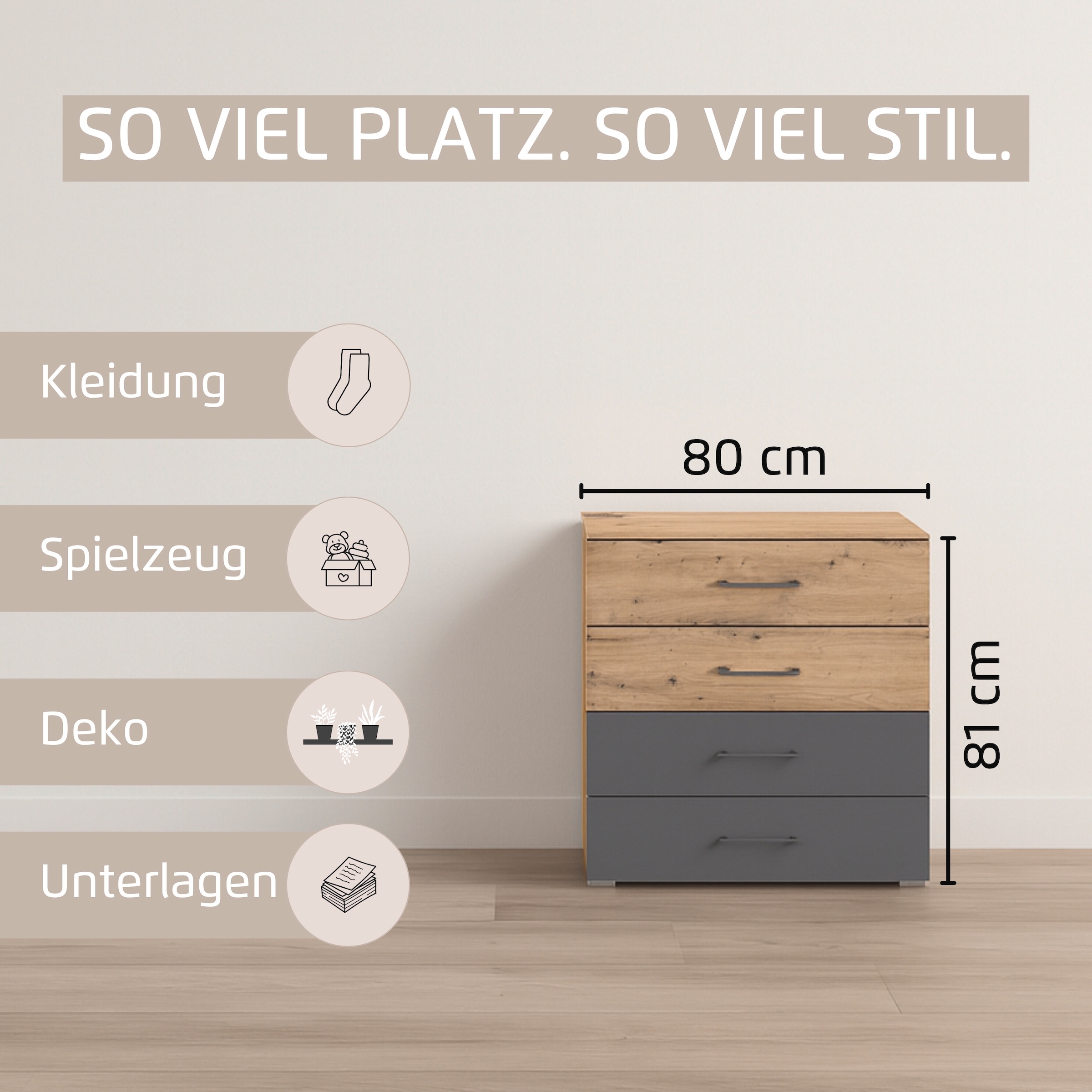 rauch Schubkastenkommode »Bilbao-Extra« Breite 80 cm, Höhe 81 cm,  mit 4 geräumigen Schubladen, zwei SK mit Absetzung MADE IN GERMANY