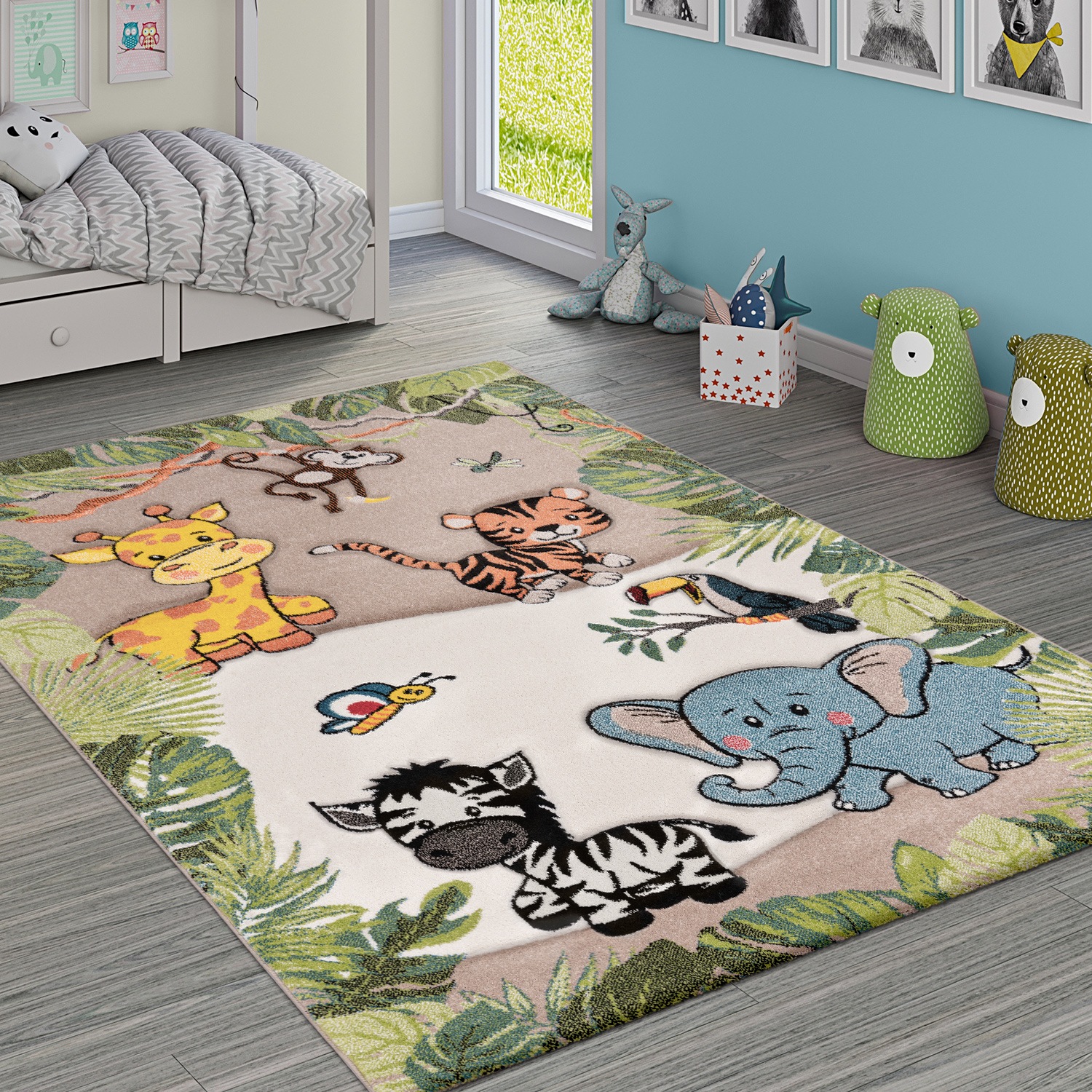 Paco Home Kinderteppich "Diamond 644", rund, Kurzflor, 3D-Design, Motiv Dschungel Tiere, Kinderzimmer